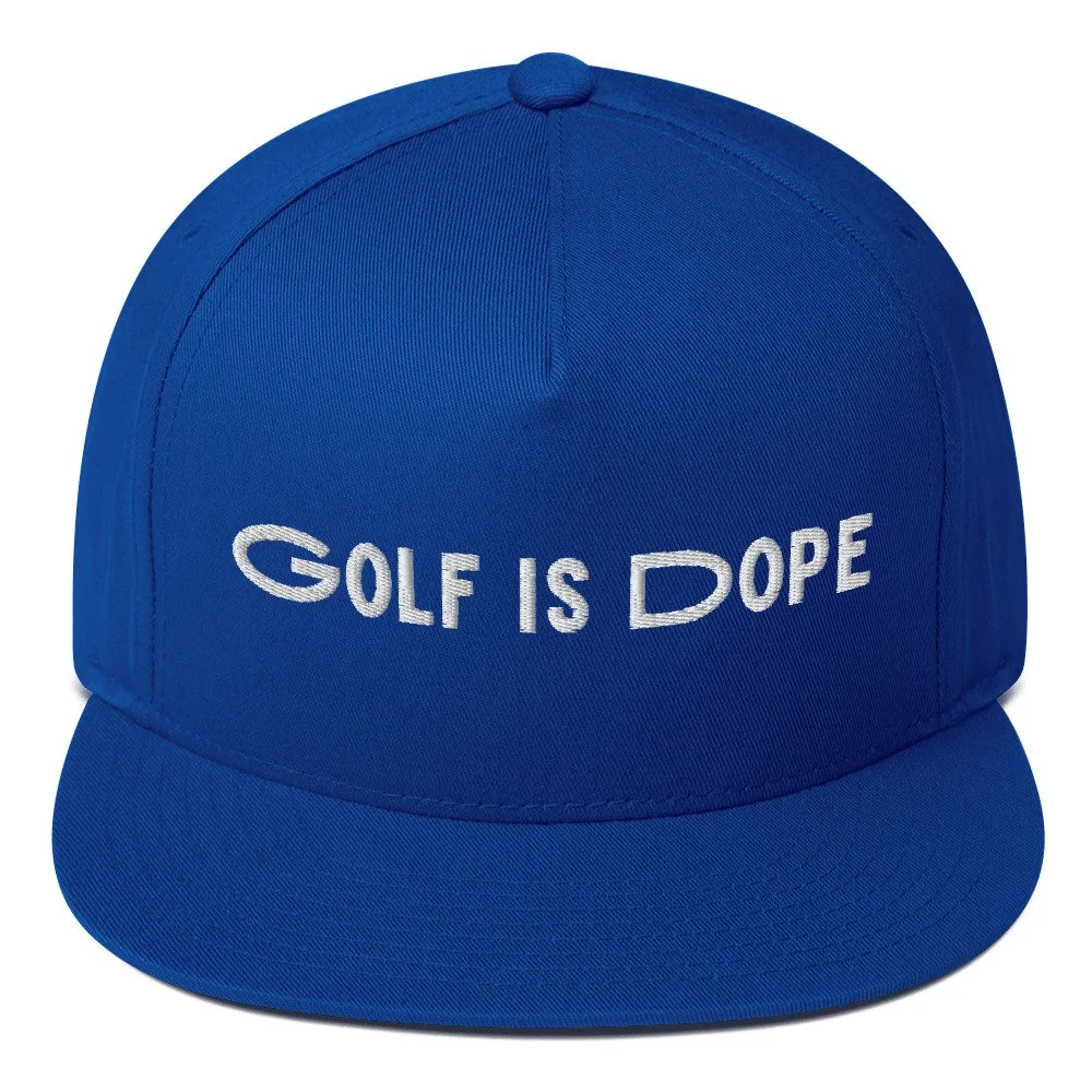 High-profile royal golf cap with 'Golf Is Dope' design and green undervisor, front view.