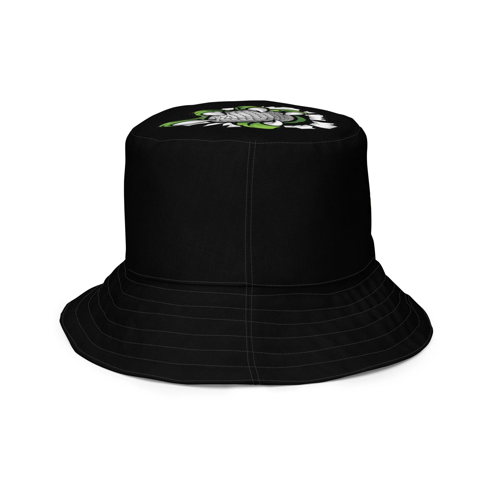 side inside view Bucket hat featuring a bold graphic on one side and a minimalistic design on the opposite panel