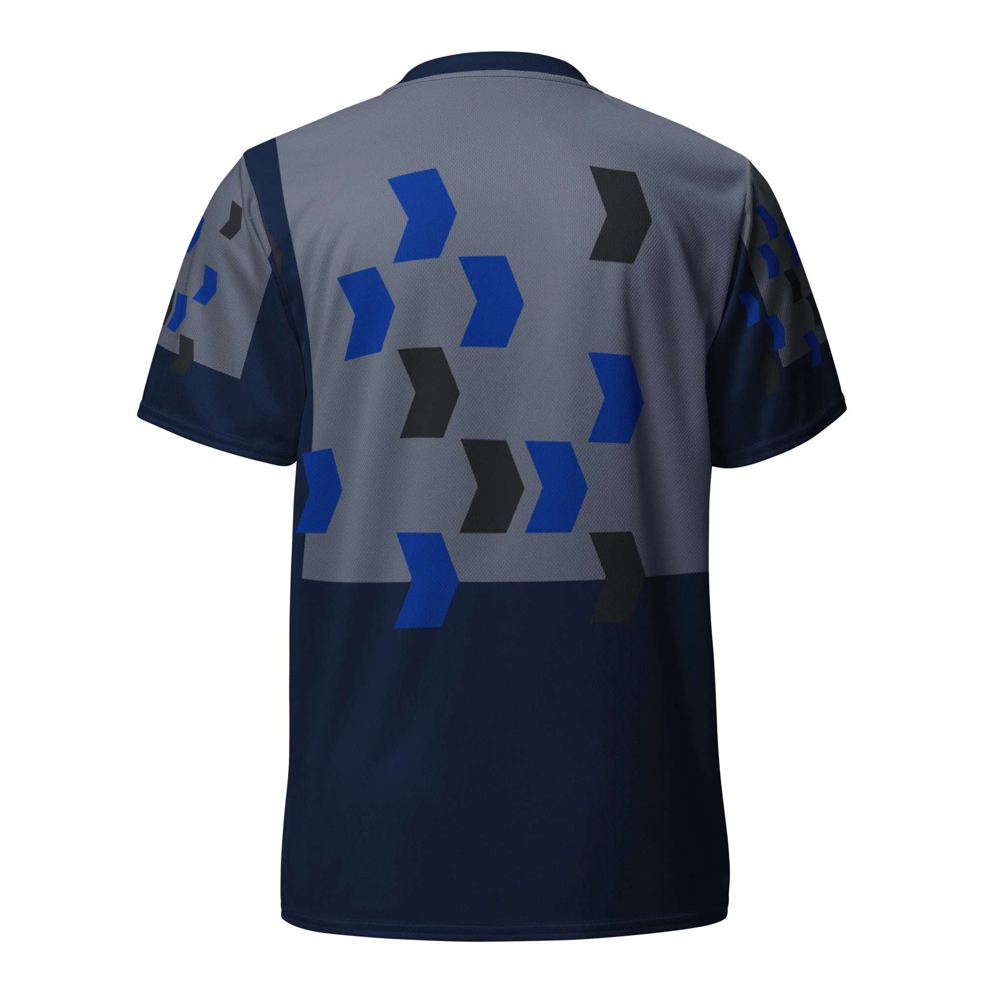 Back view of navy Golf Jersey with tonal arrow graphics, regular athletic fit, and stretch mesh for active wear.