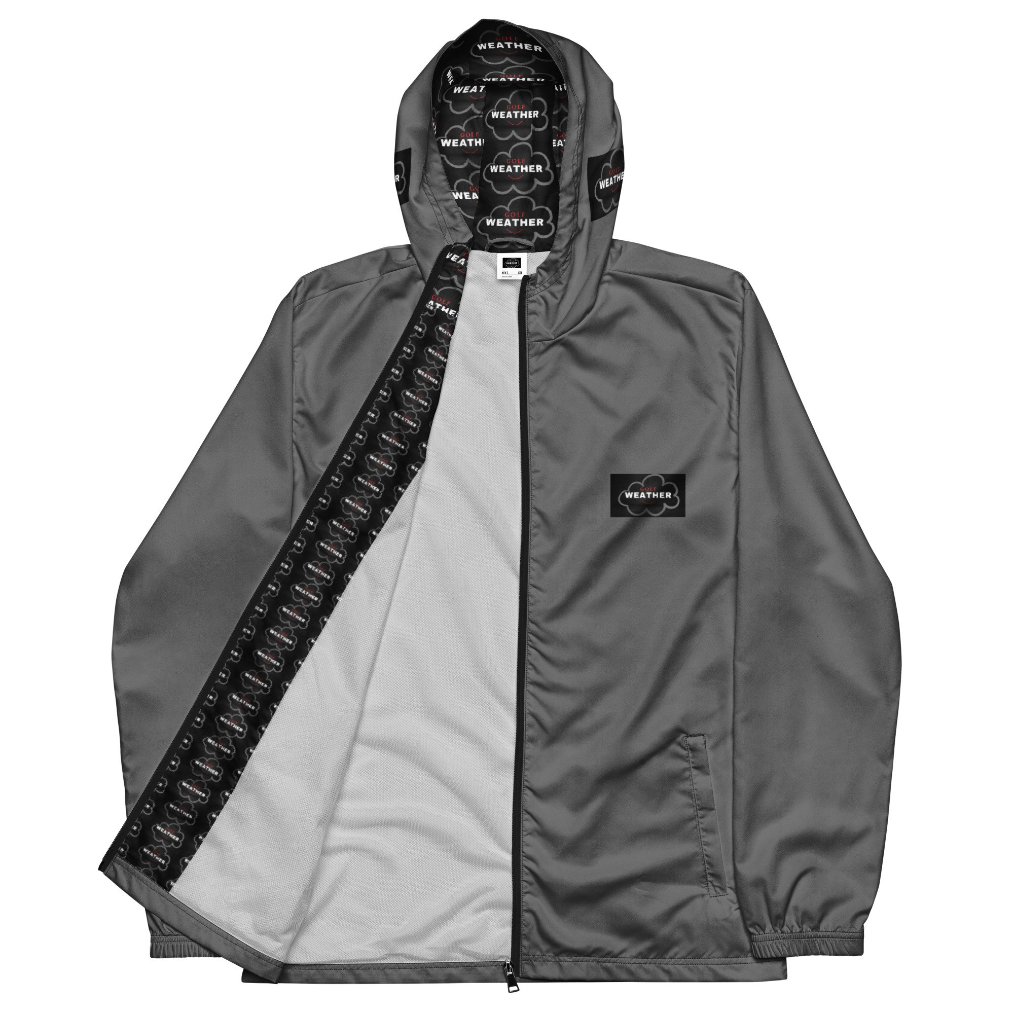 GOLF Weather No.2 Windbreaker Front view Grey open zipper showing graphic detail