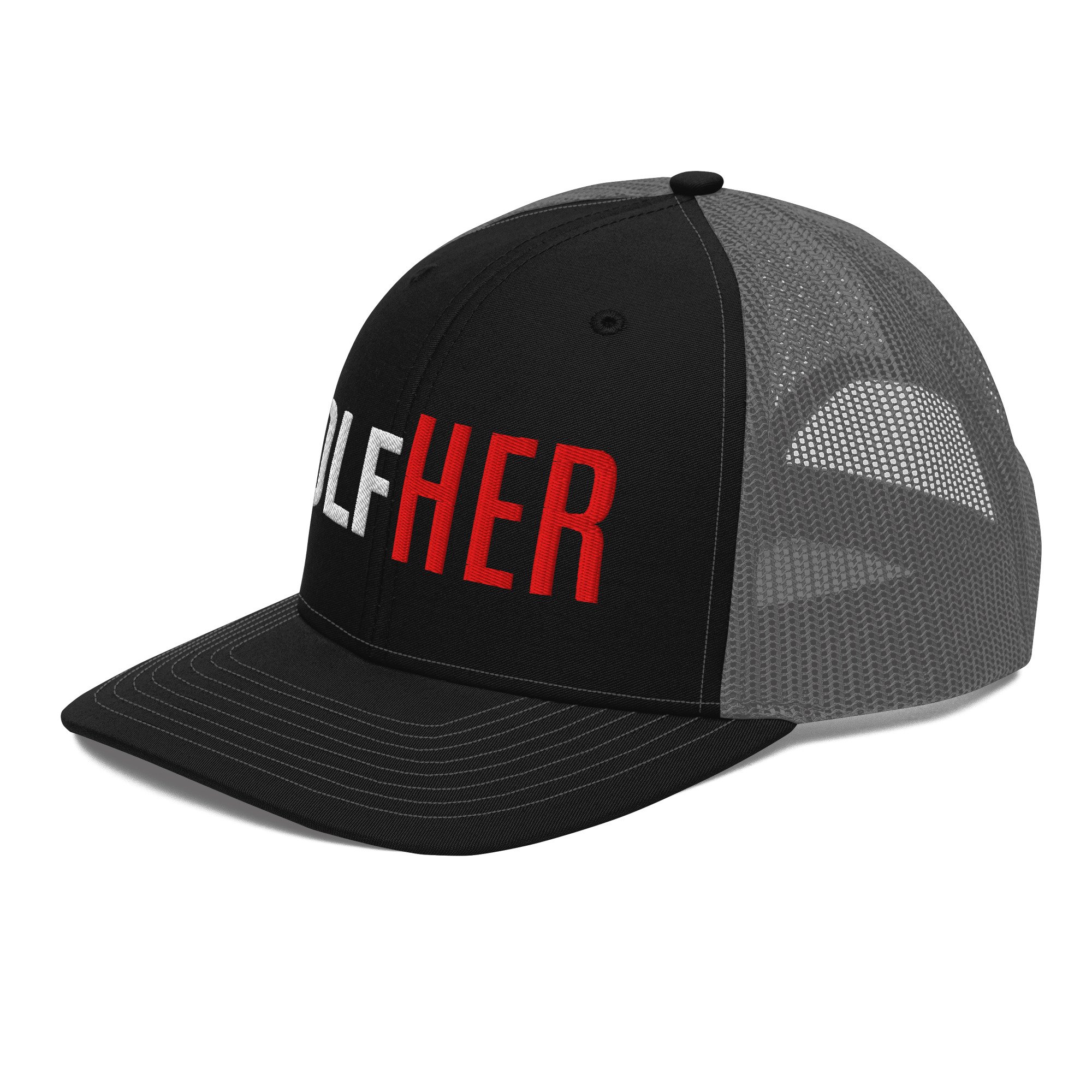 Right Side profile of the black and charcoal GolfHER trucker hat showing breathable mesh back and structured front with bold embroidered logo.