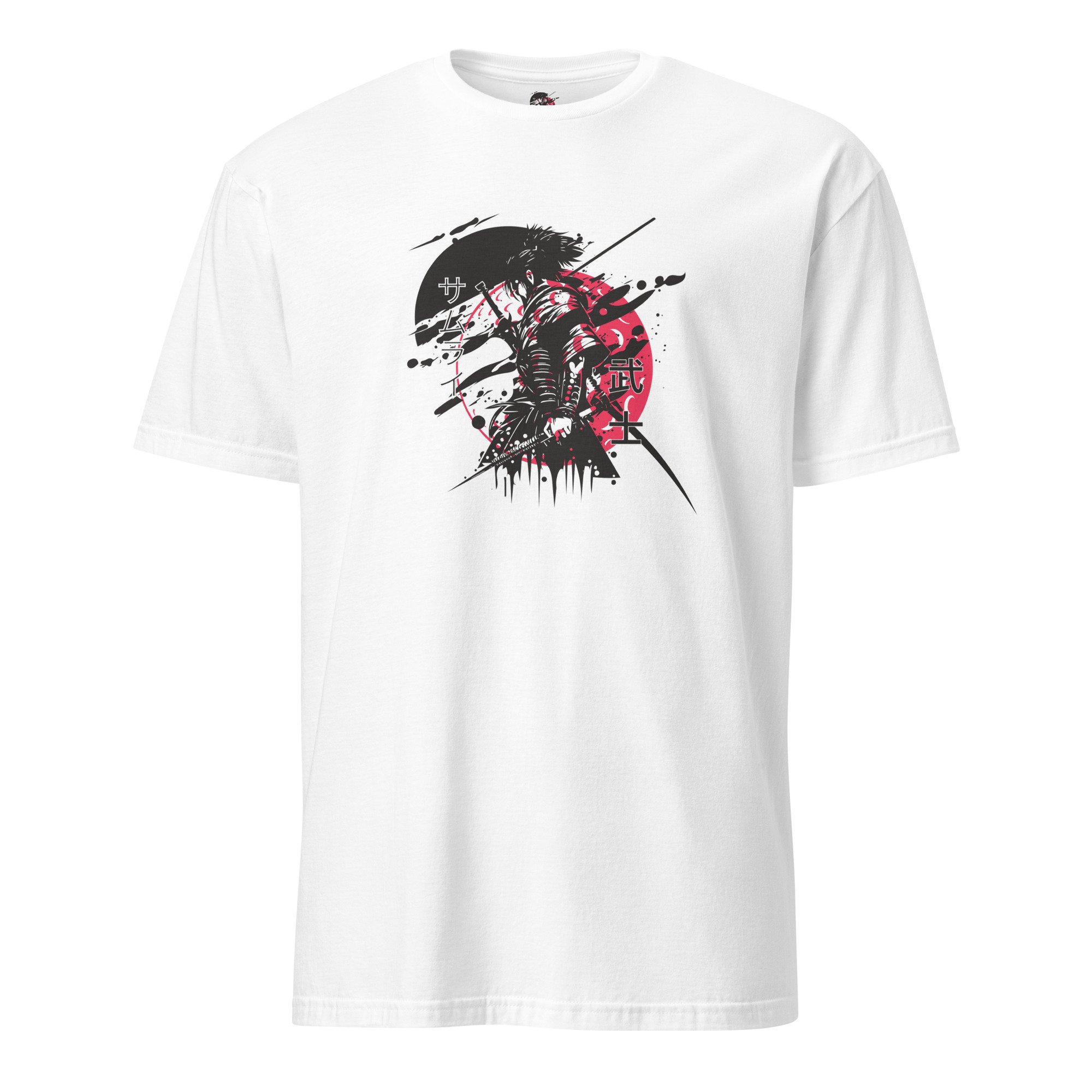Graphic tee featuring a samurai with sword in front of red golfball sun on white background