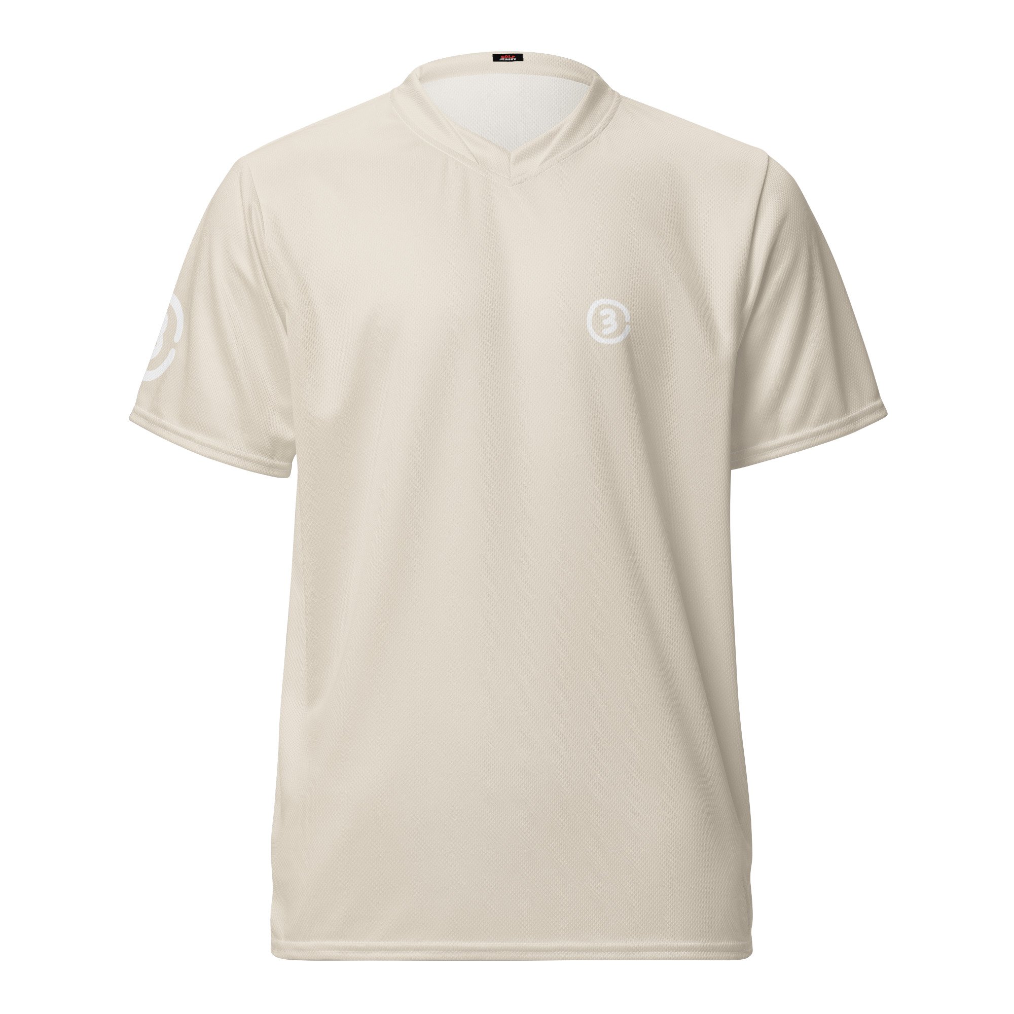 Front view of CIRCLE3 Golf Jersey in Range Cream with printed right sleeve logo