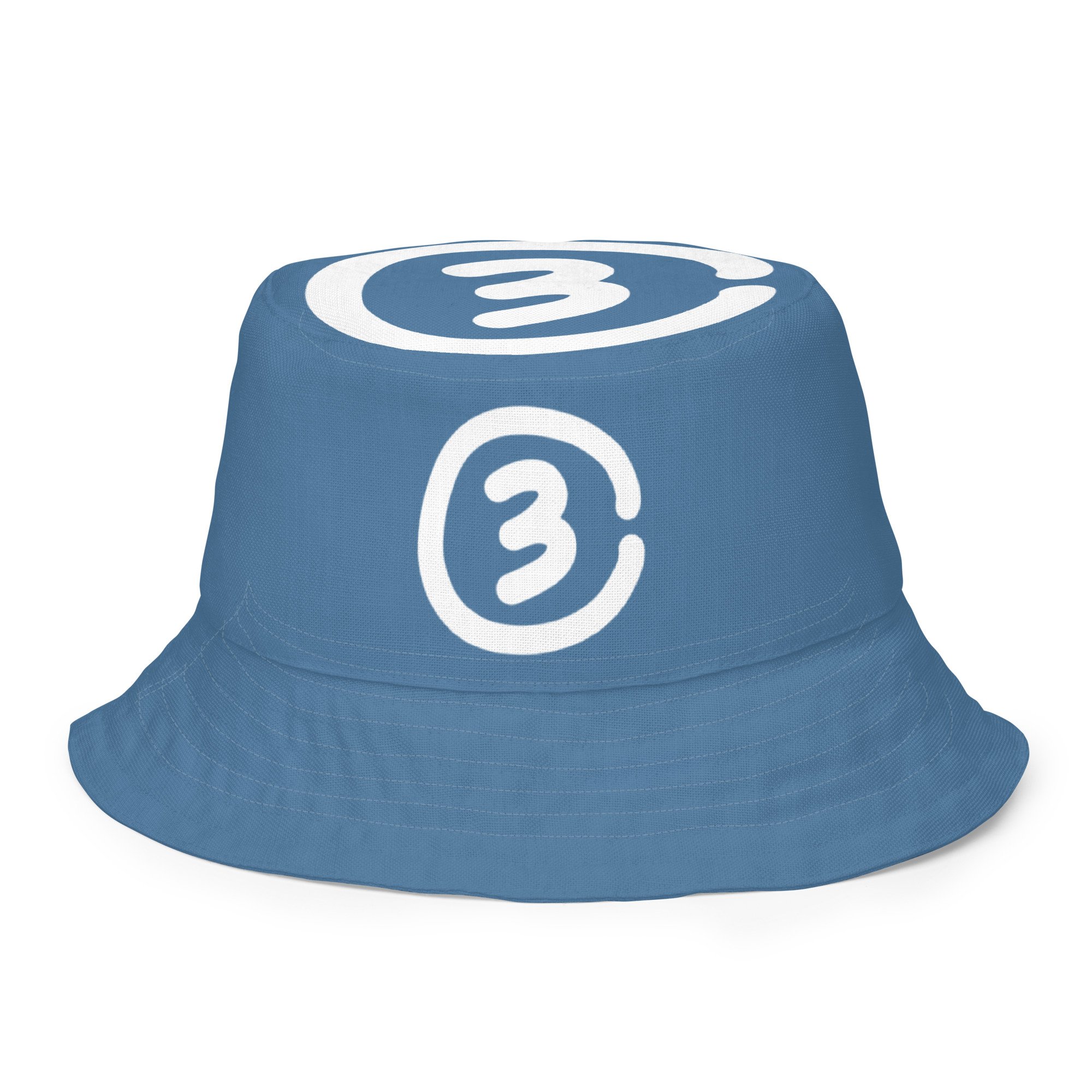 Front view The Lone Star Loop Bucket Hat flips from clean Hill Country Blue logo to an all-over stamped print in signature CIRCLE3 style.