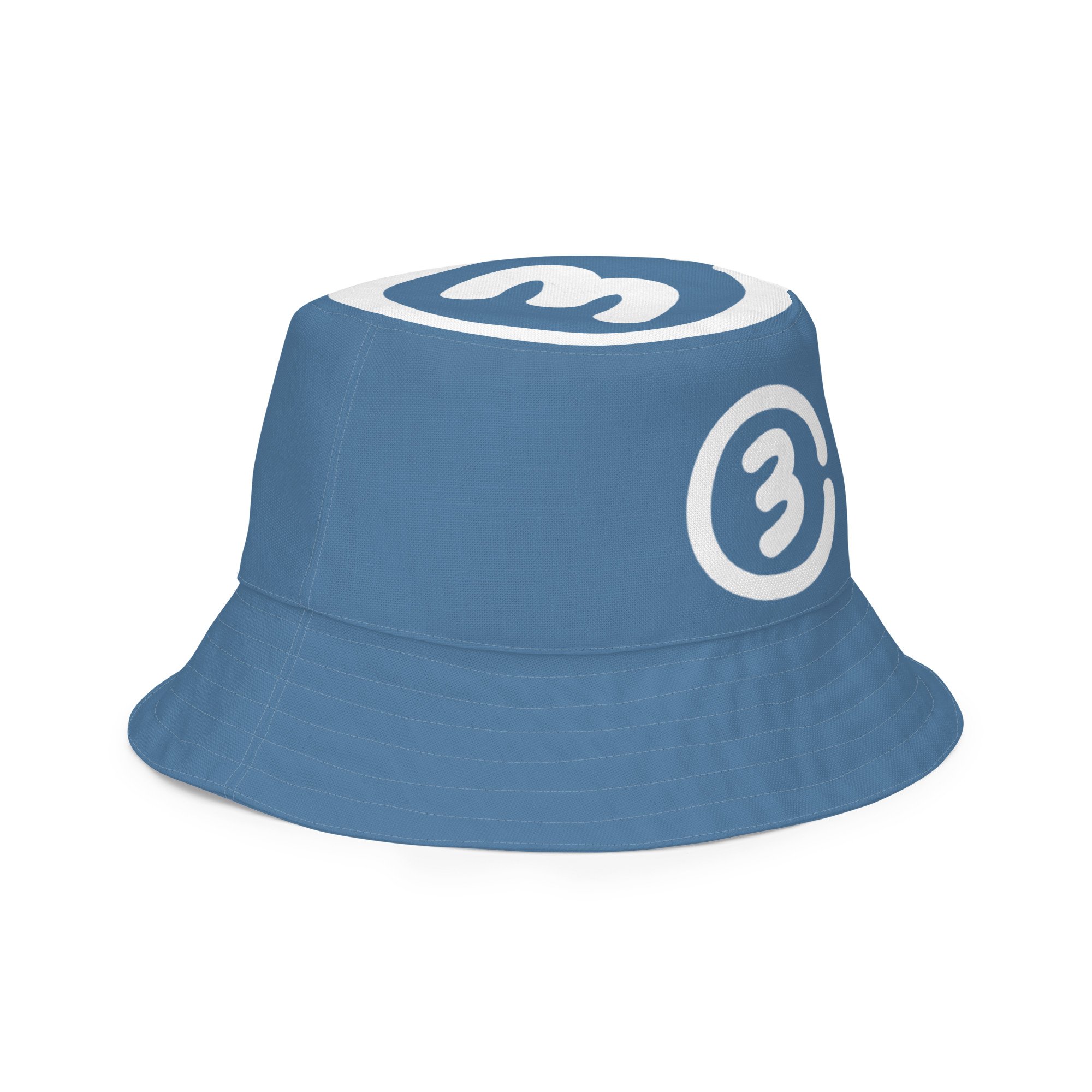 Front right outside view The Lone Star Loop Bucket Hat flips from clean Hill Country Blue logo to an all-over stamped print in signature CIRCLE3 style.