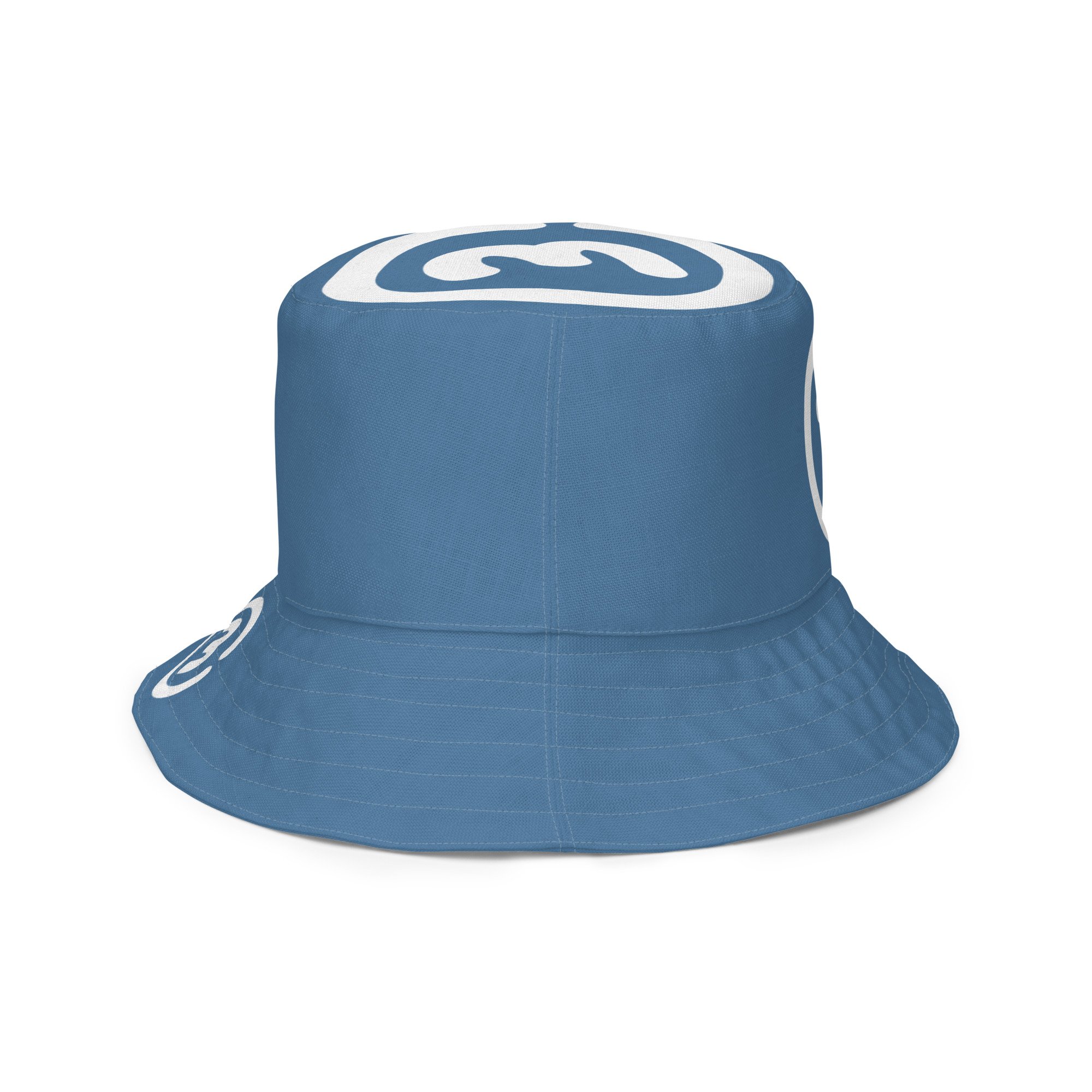 Right outside view The Lone Star Loop Bucket Hat flips from clean Hill Country Blue logo to an all-over stamped print in signature CIRCLE3 style.