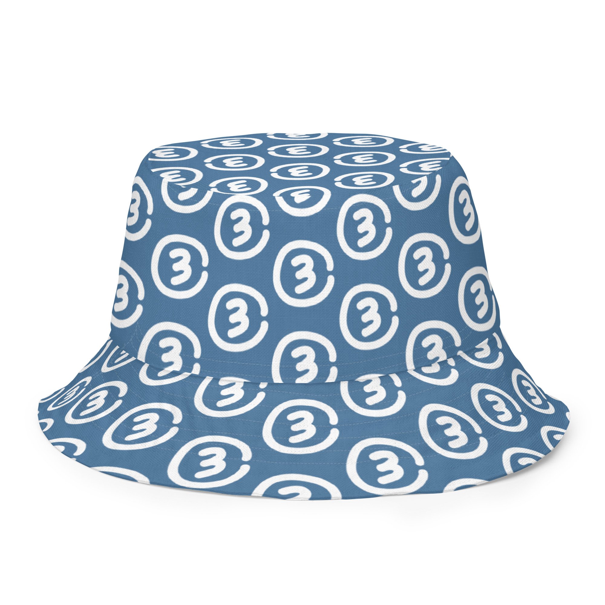 Front view inside The Lone Star Loop Bucket Hat flips from clean Hill Country Blue logo to an all-over stamped print in signature CIRCLE3 style.