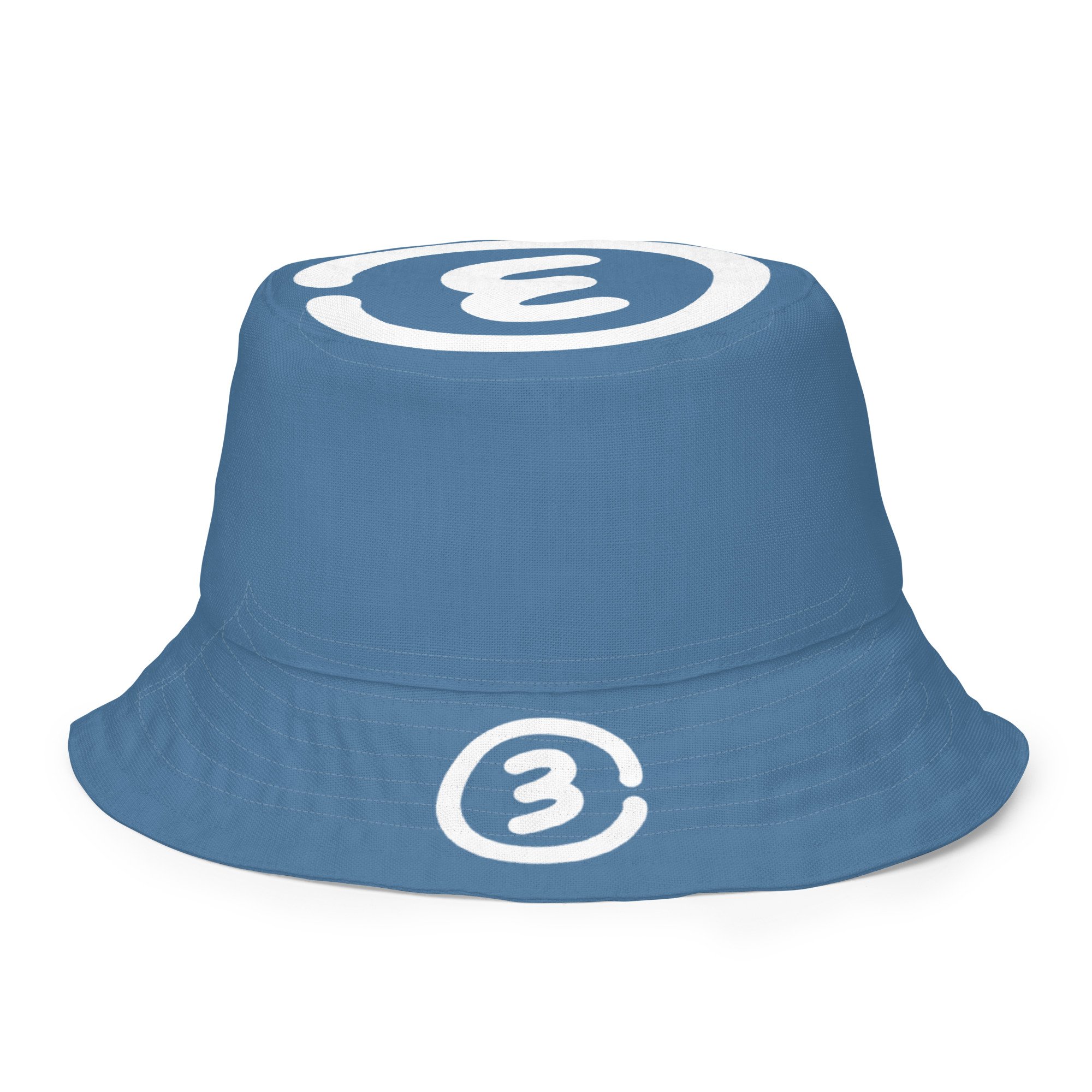 Back outside view The Lone Star Loop Bucket Hat flips from clean Hill Country Blue logo to an all-over stamped print in signature CIRCLE3 style.