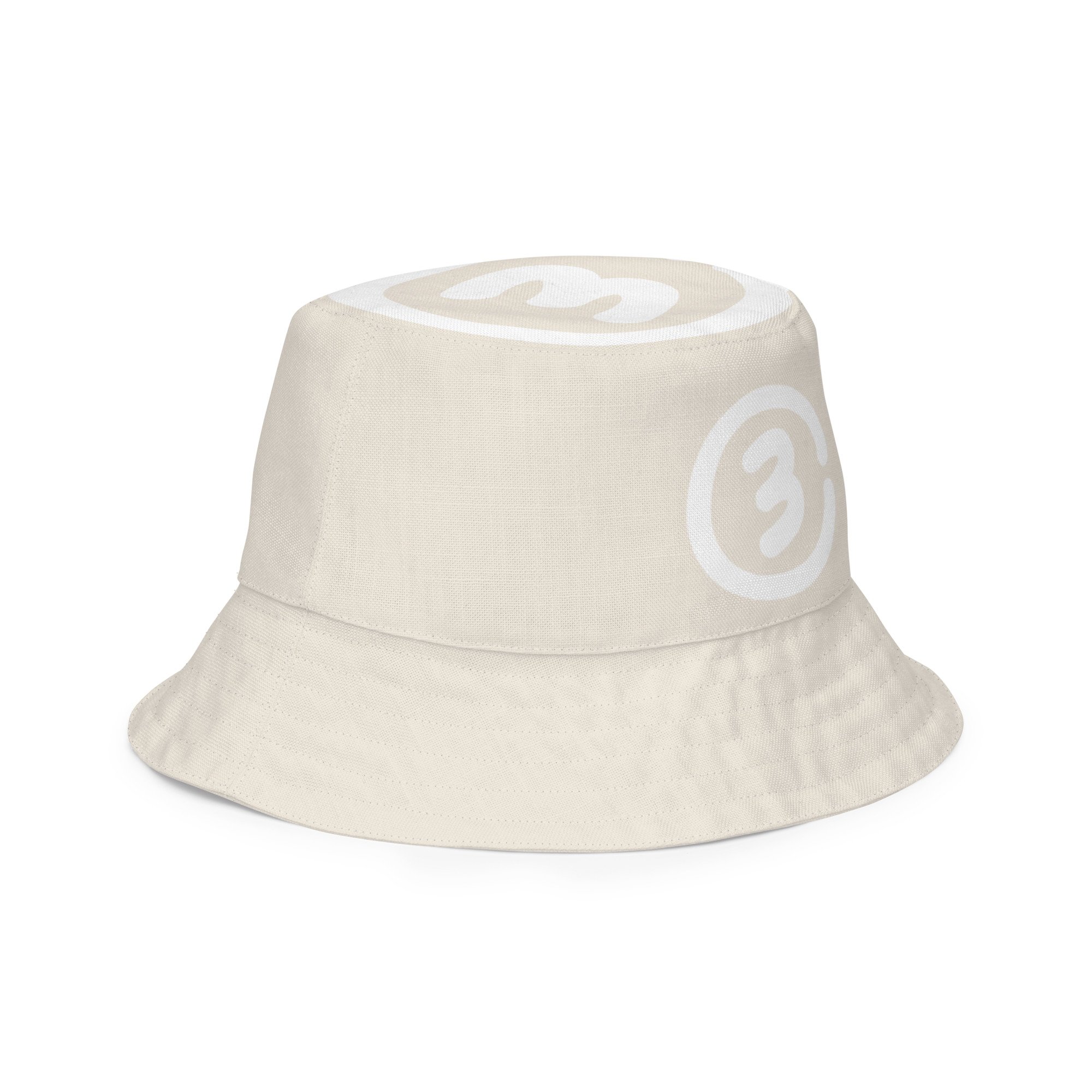 Front right outside view CIRCLE3 Reversible Bucket Hat – Range Cream showing large Circle3 logo on the crown and a smaller medallion logo front and center.