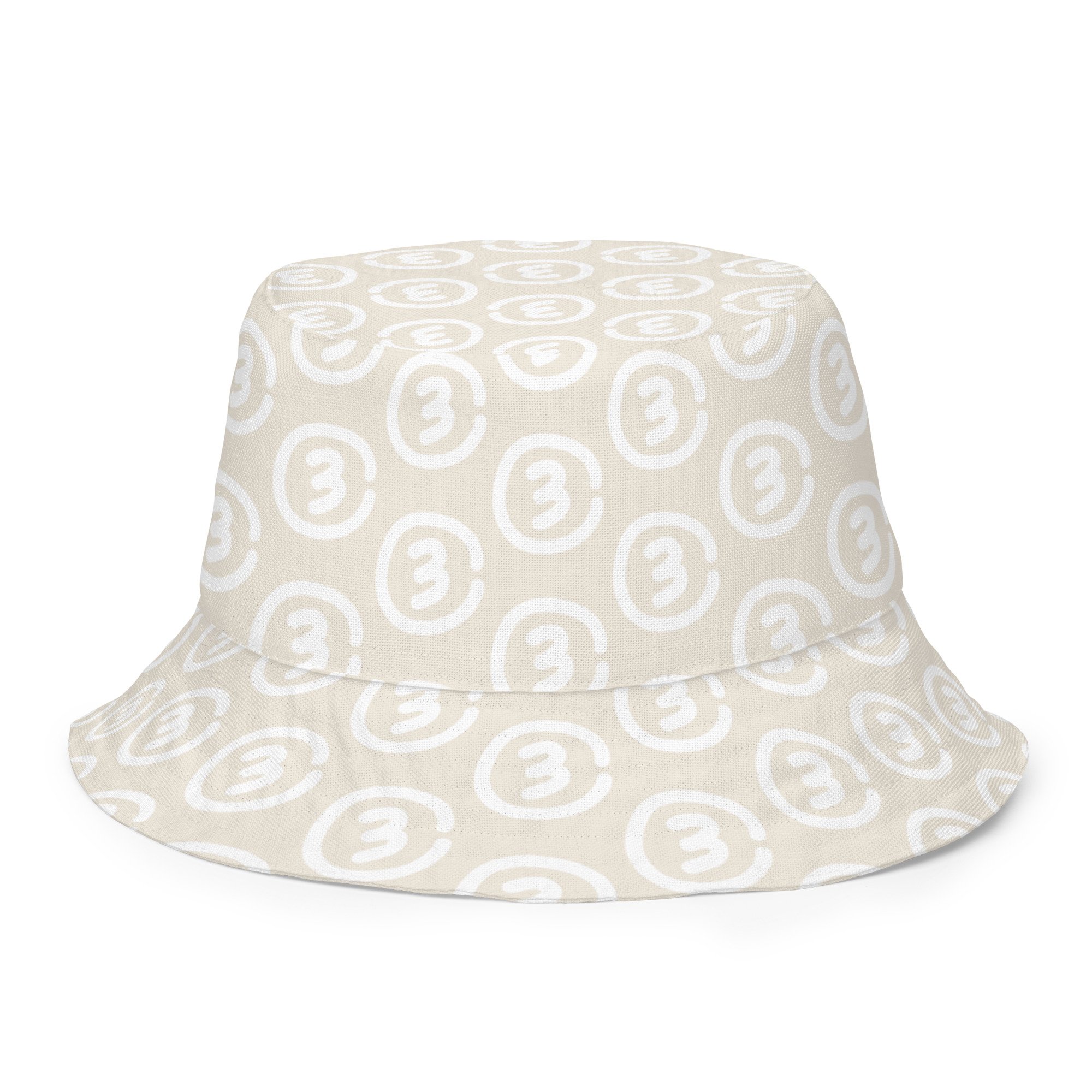Front inside view CIRCLE3 Reversible Bucket Hat – Range Cream showing stamped allover Circle3 logos.