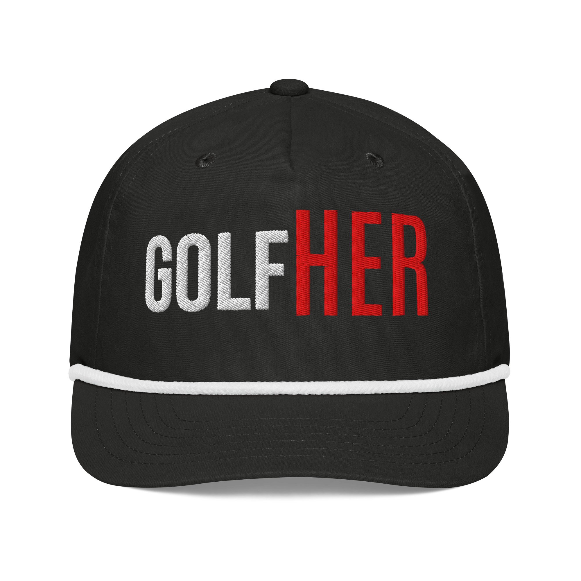GolfHER rope cap in black with white embroidery and rope detail – front view