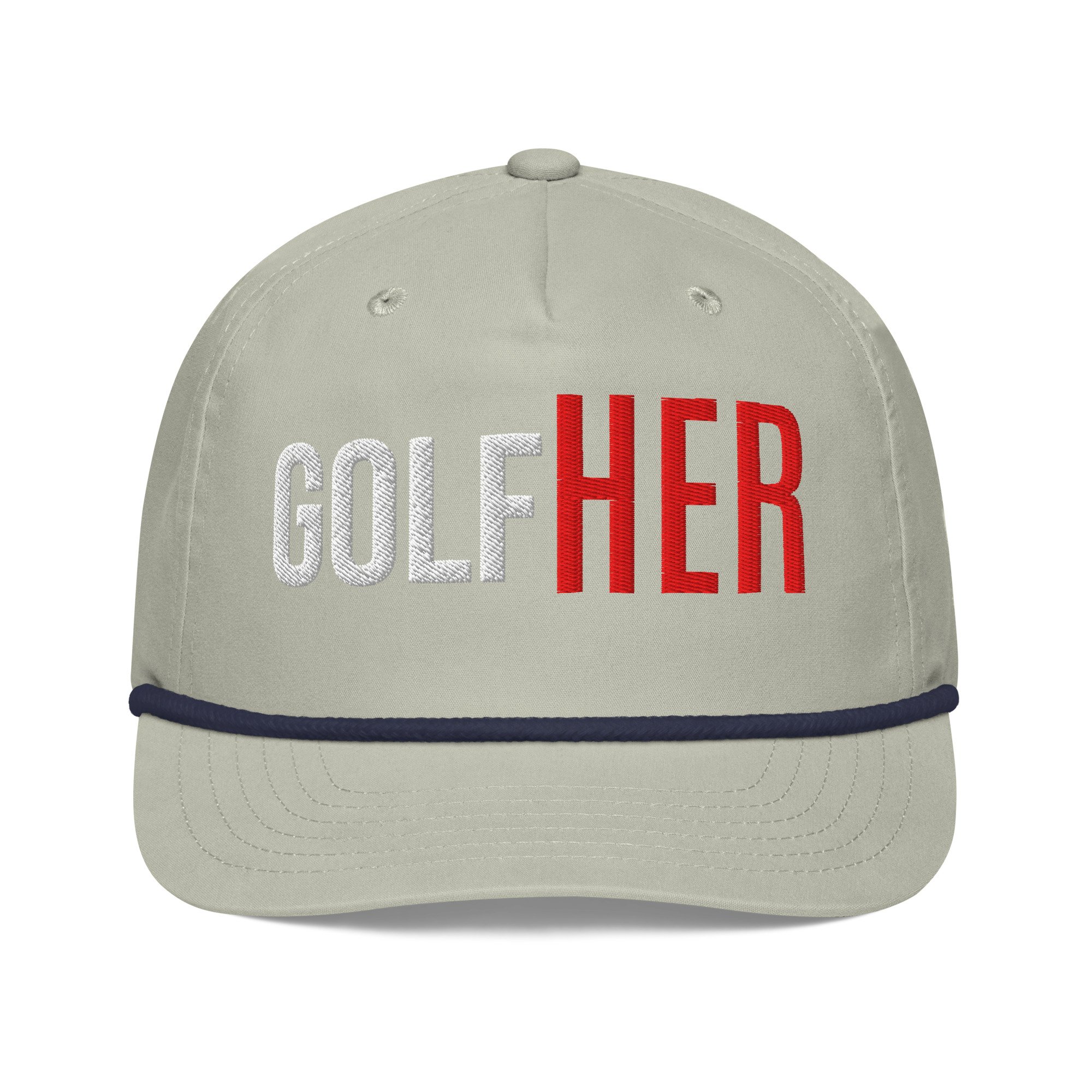 GolfHER rope cap in light gray with navy embroidery and braided rope – front view