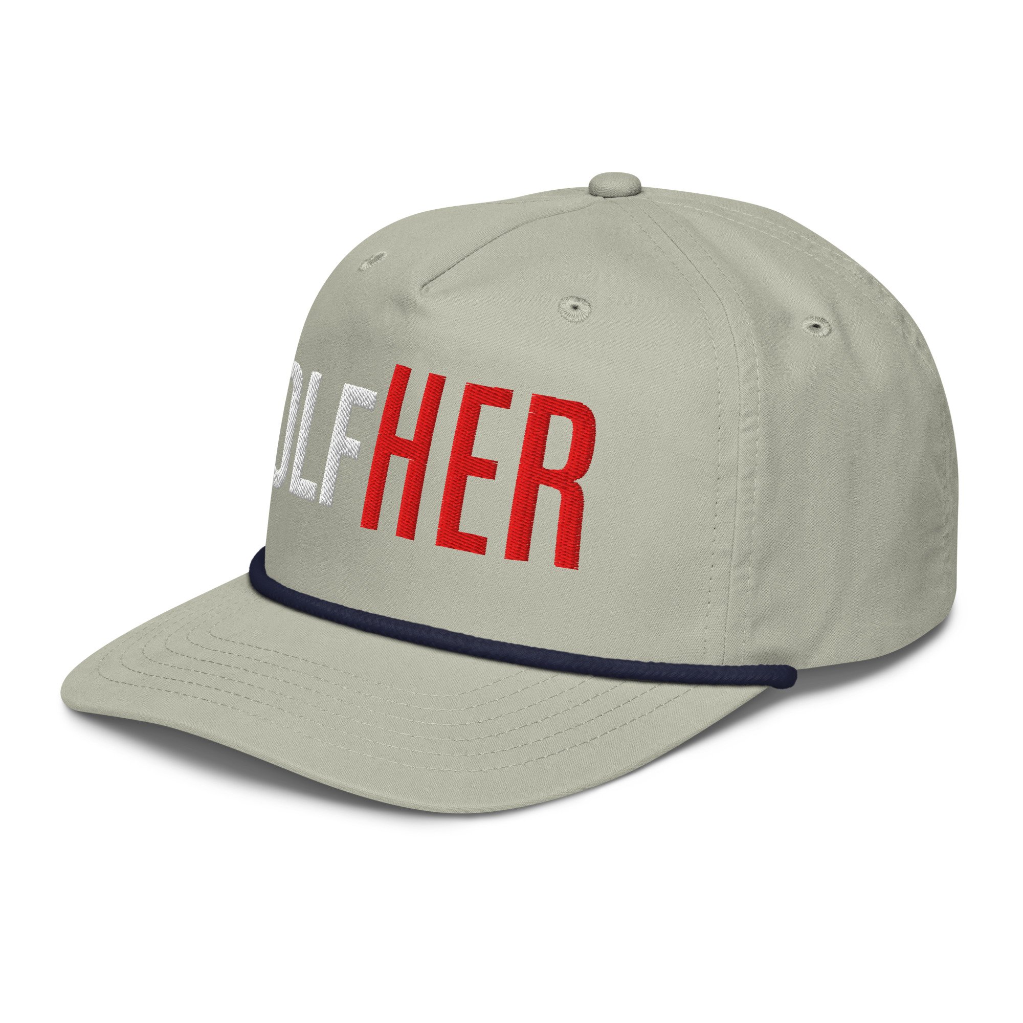 GolfHER rope cap in light gray with flat bill and rope detail – left side view