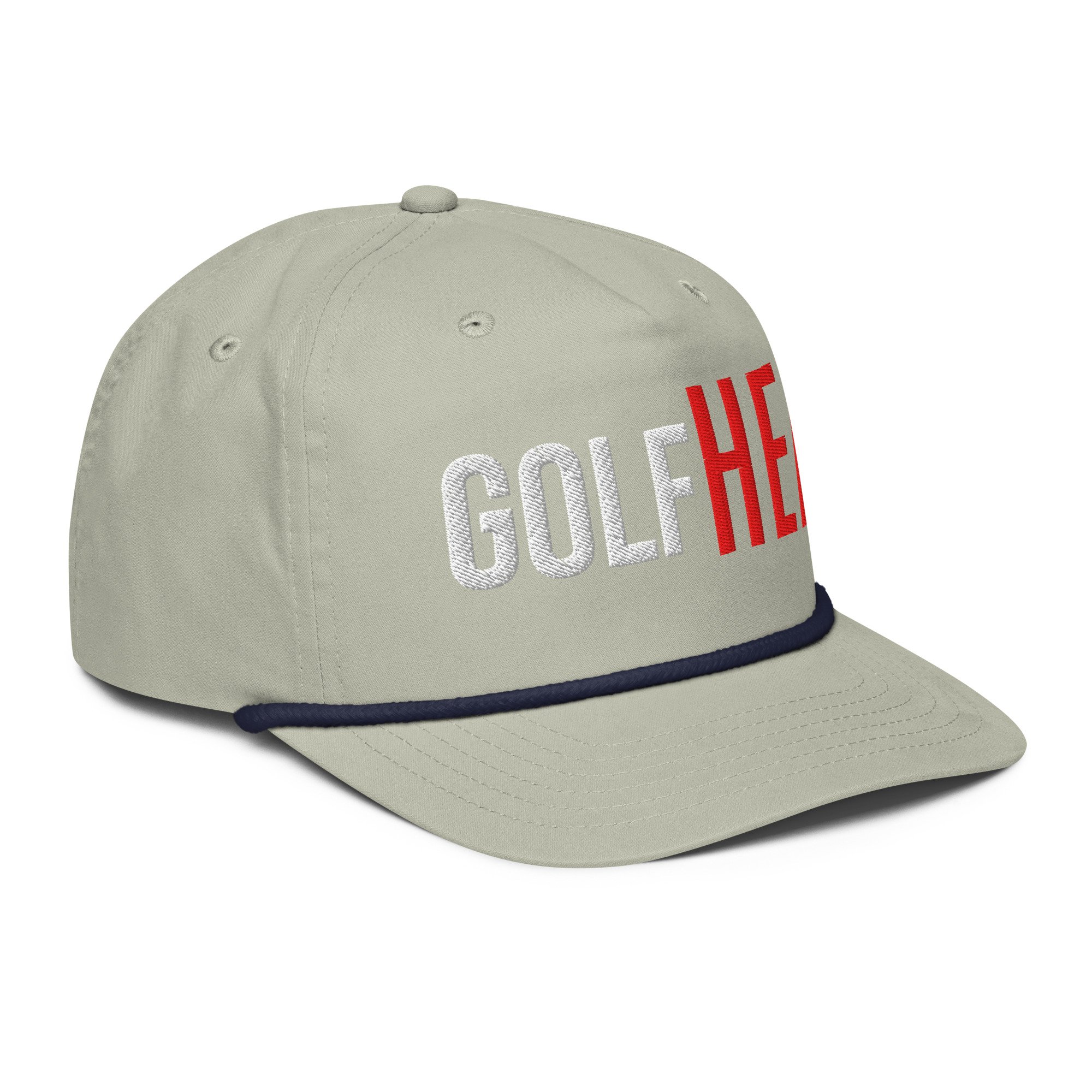 GolfHER rope cap in light gray with bold navy GolfHER logo – right side view