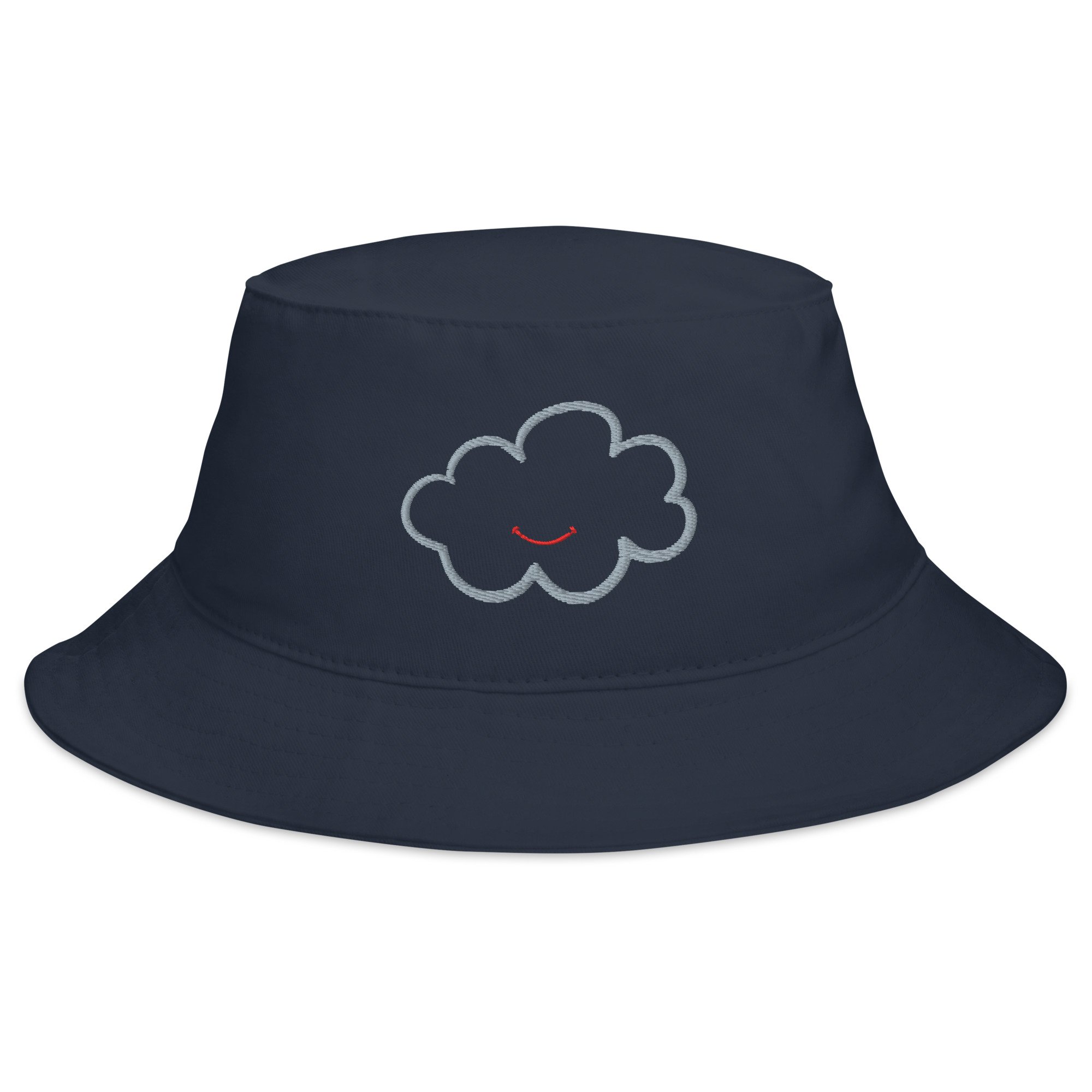 Front view of navy Cloud+Smile Bucket Hat with grey+red embroidered logo