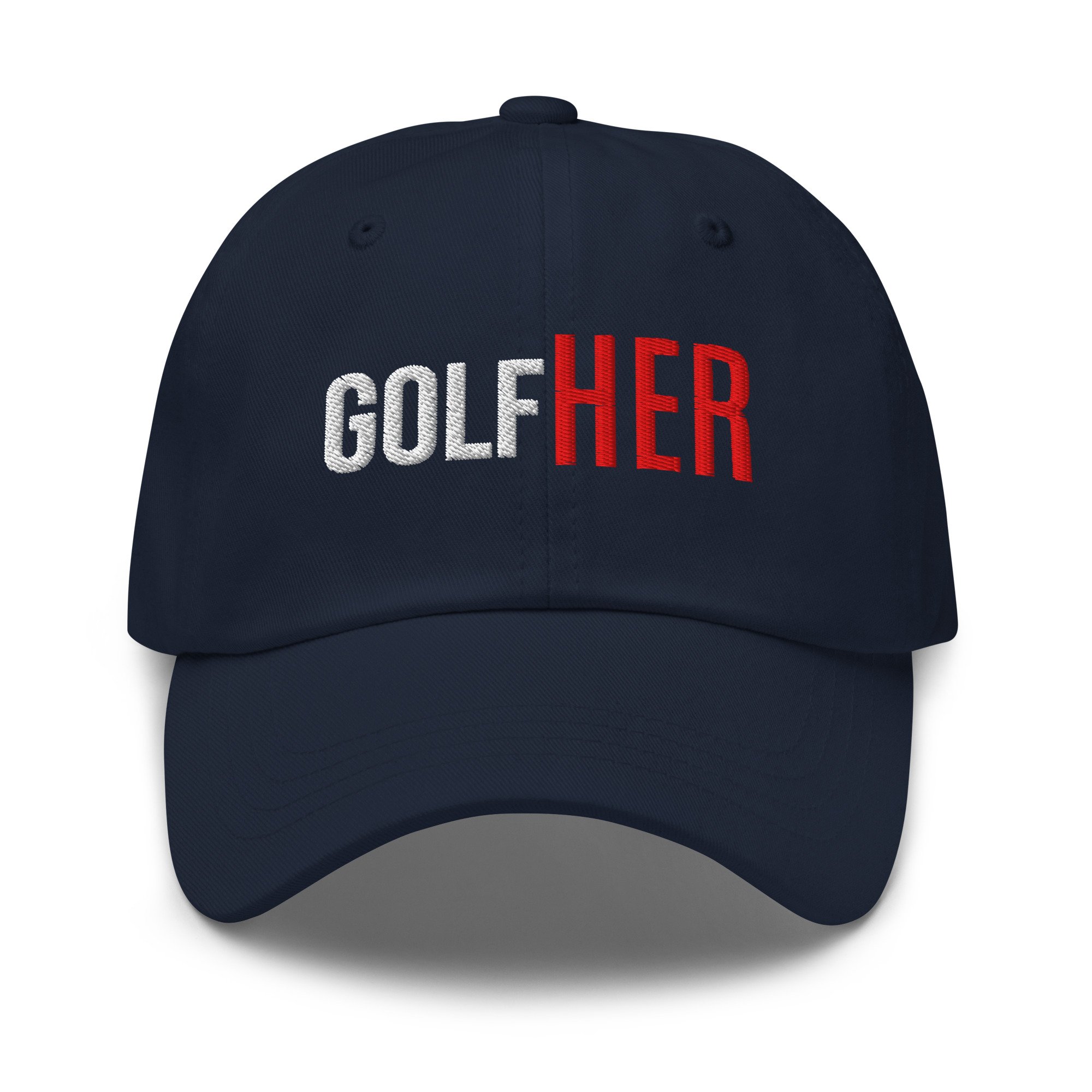 Front view of the GolfHER Dad Cap featuring white "GOLF" and red "HER" embroidered across the center of the crown. navy