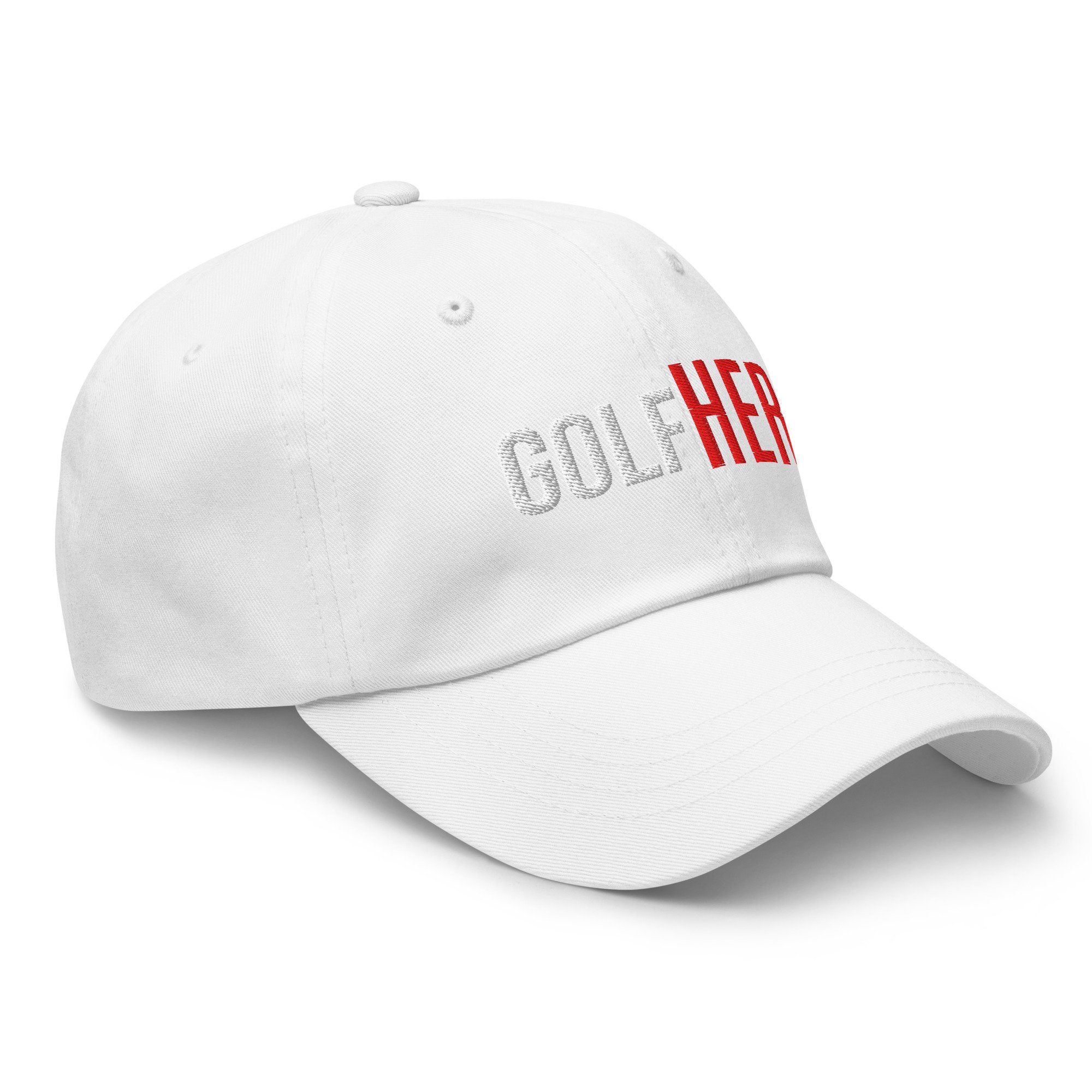 Right front side view of the GolfHER Dad Cap showcasing the low-profile silhouette and premium stitching.