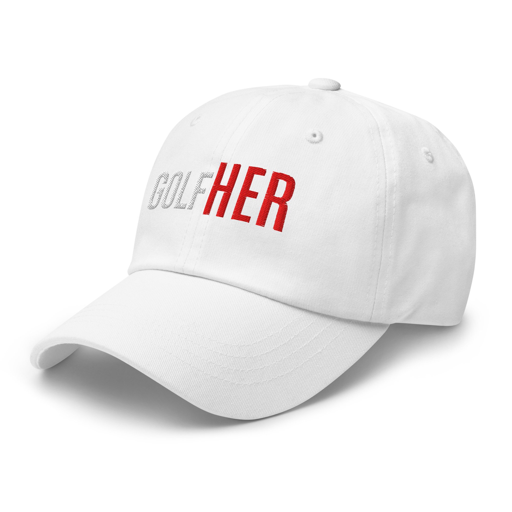 Left front side view of the GolfHER Dad Cap showcasing the low-profile silhouette and premium stitching.