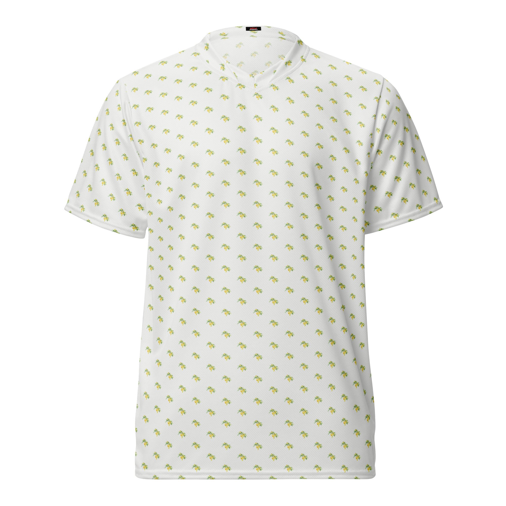 Front view of white golf jersey with all-over lemon print