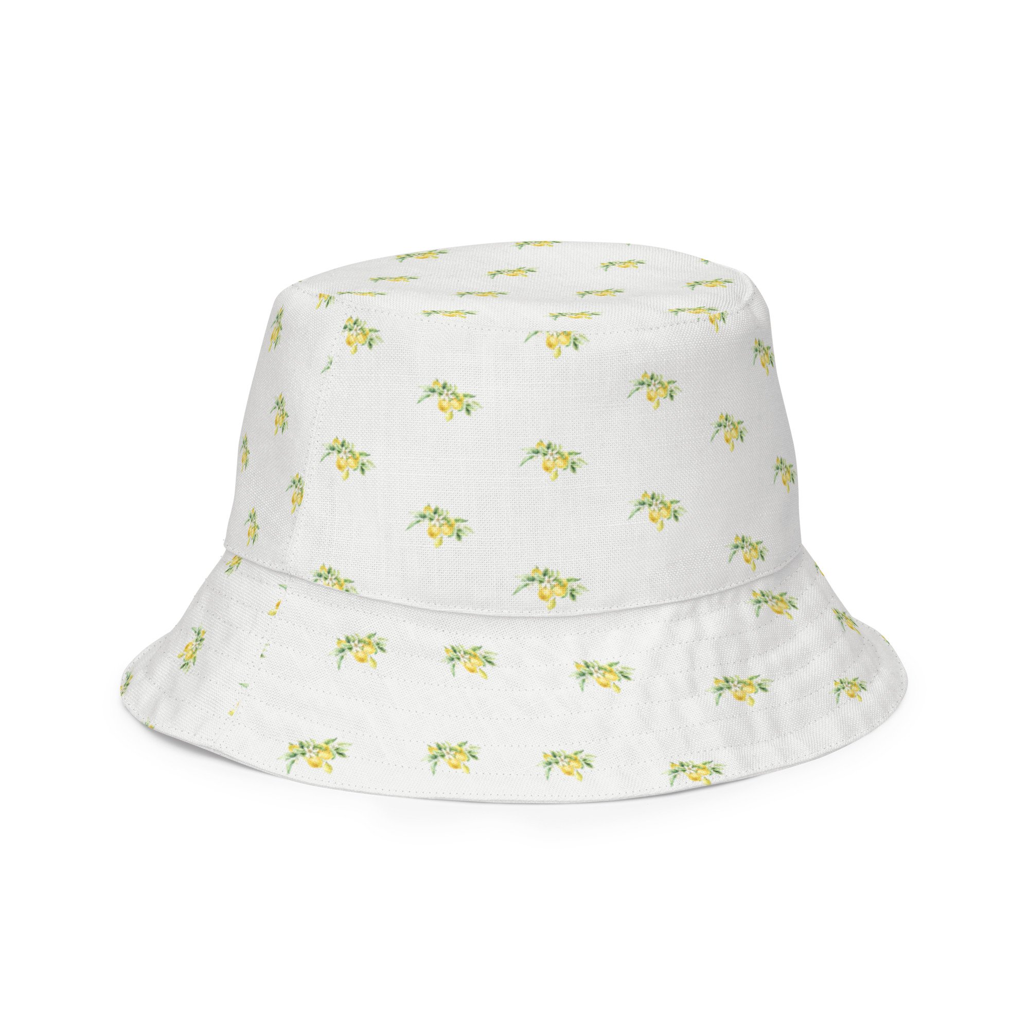 Side angle of bucket hat with repeating lemon pattern
