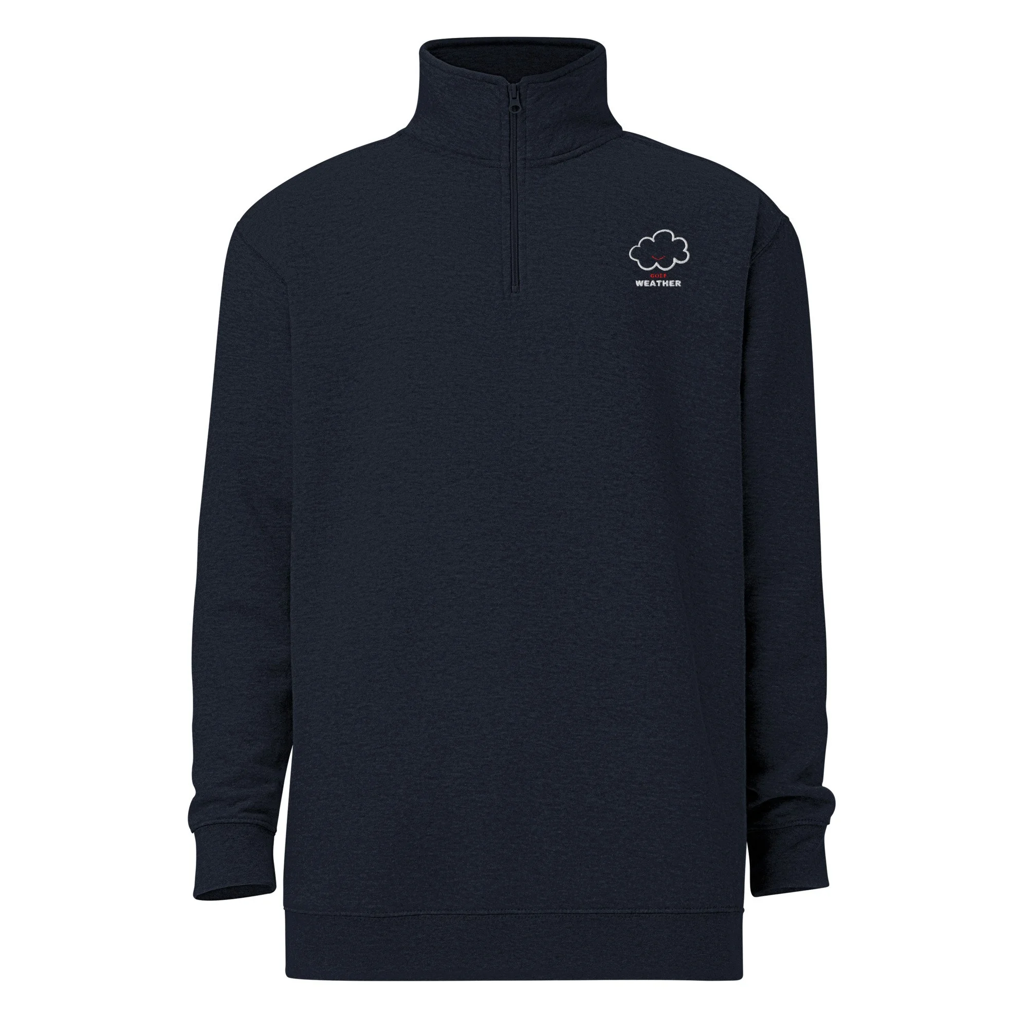 Front view of the Navy Golf Weather Quarter Zip Pullover featuring an embroidered Cloud + Smile logo with “Golf Weather” text underneath.