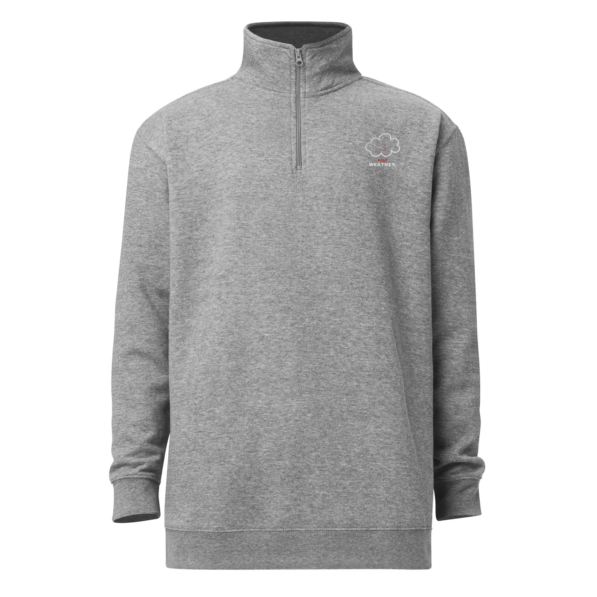 Front view of the Carbon Grey Golf Weather Quarter Zip Pullover featuring an embroidered Cloud + Smile logo with “Golf Weather” text underneath.