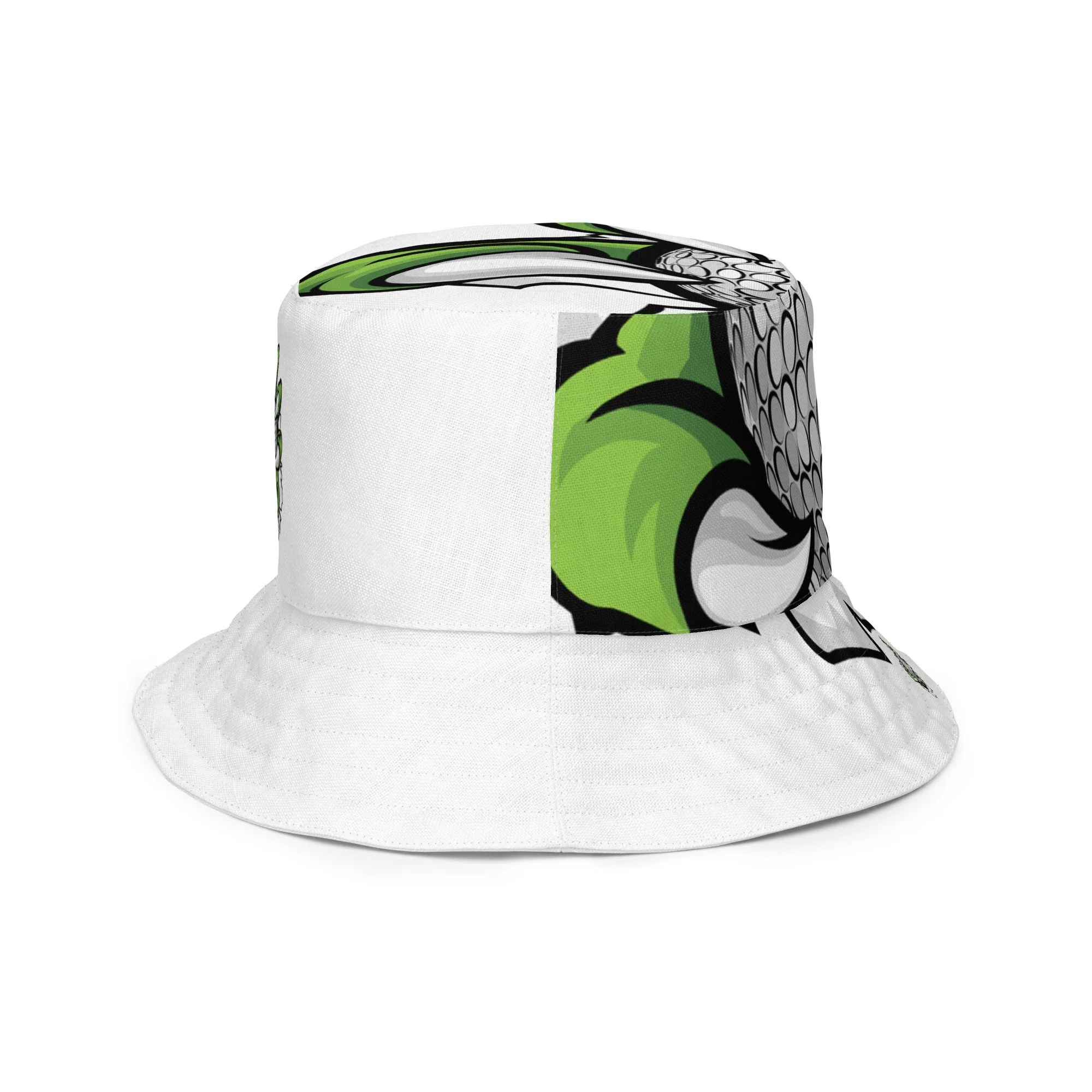 side outside view Bucket hat featuring a bold graphic on one side and a minimalistic design on the opposite panel