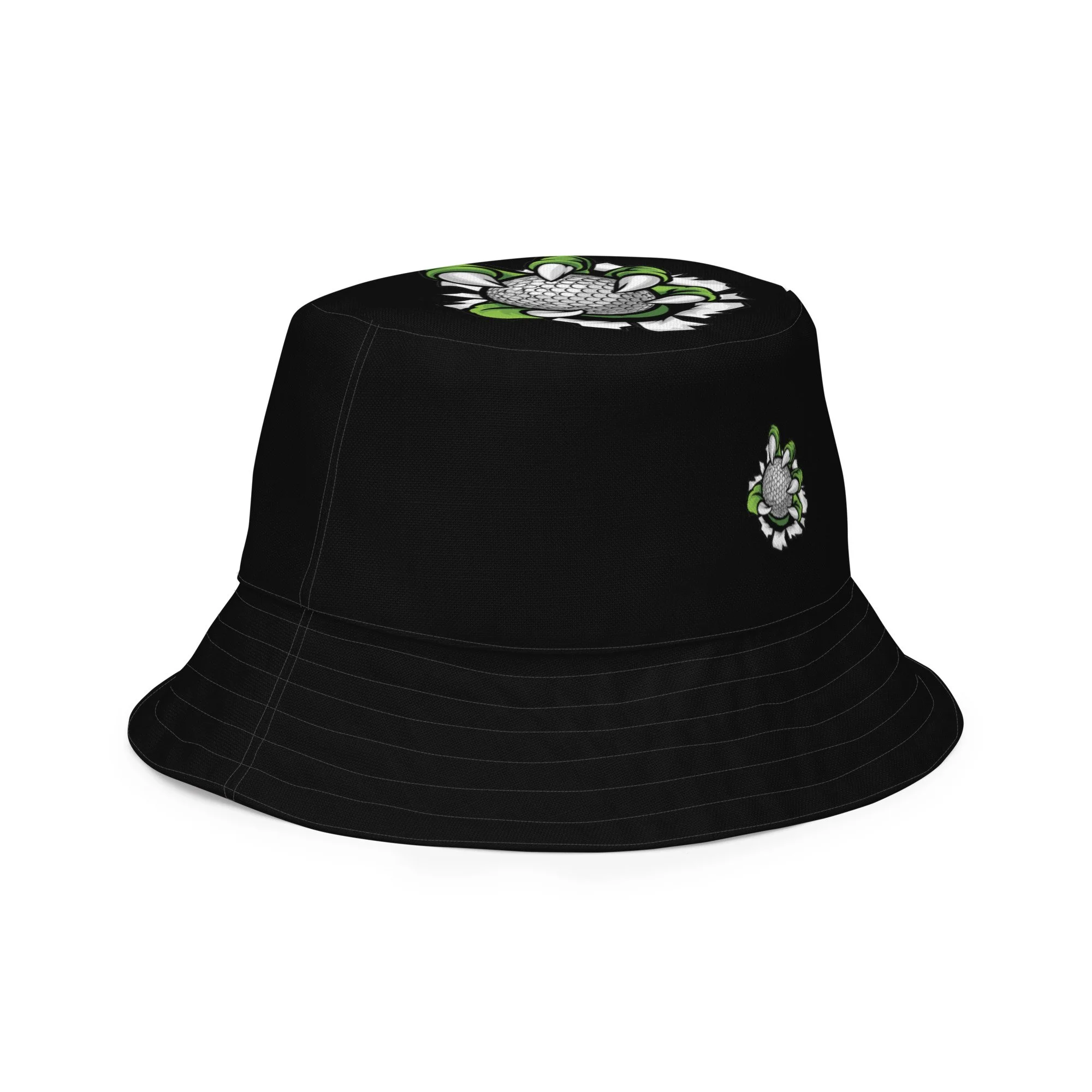 front side inside view Bucket hat featuring a bold graphic on one side and a minimalistic design on the opposite panel