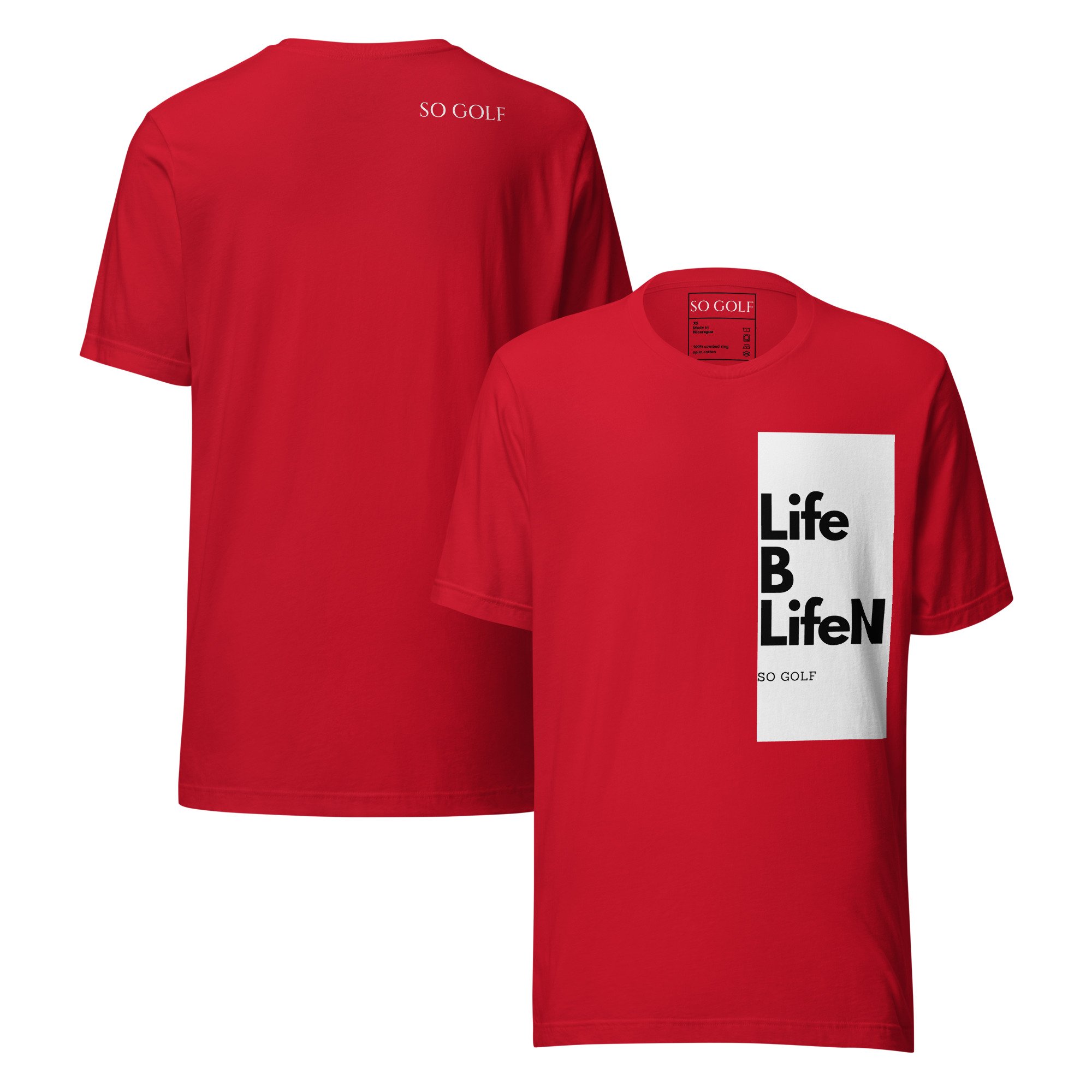 Front and Back view of So Golf / Life B LifeN Tee Red showcasing bold graphic design.