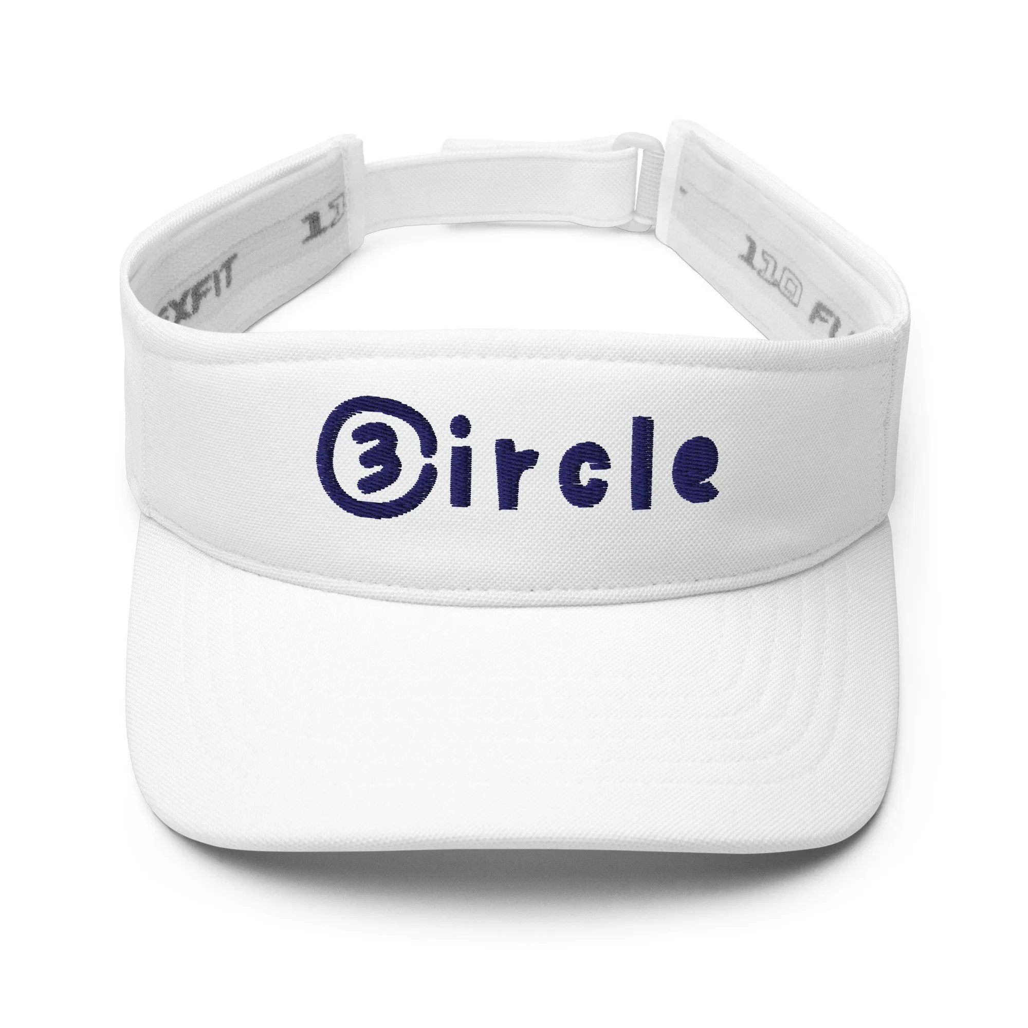 Front view of white CIRCLE3 golf visor with navy embroidered "Circle3" logo and stylized number 3 icon on a Flexfit band.