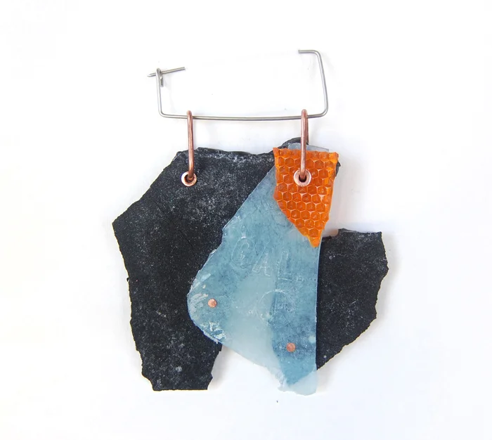 Bill's Brooch, plastics found on the shores of the Gulf of Mexico, copper, steel, 2.5" x 3", 2016