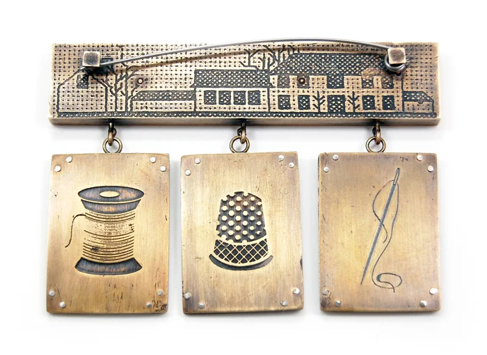 Ode to Noni, cotton, thread, needle, brass, stainless steel, 3⅝" x 2½" x ¼", 2013