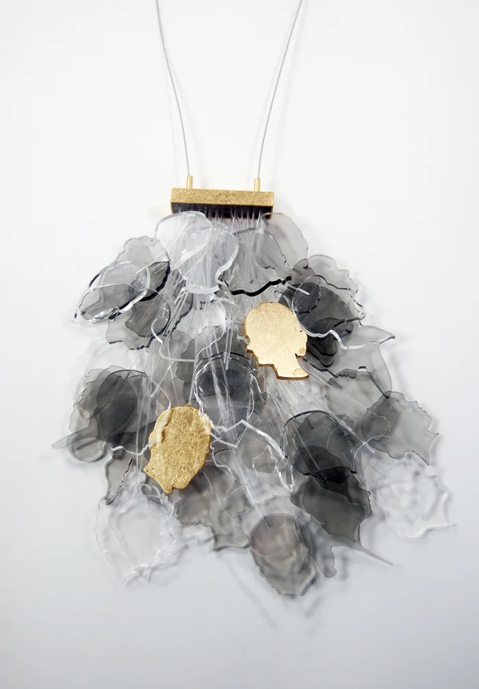You and I, laser cut acrylic sheet, gold leaf, monofilament, brass, steel cable, 6½" x 3½" x 1½", 2012