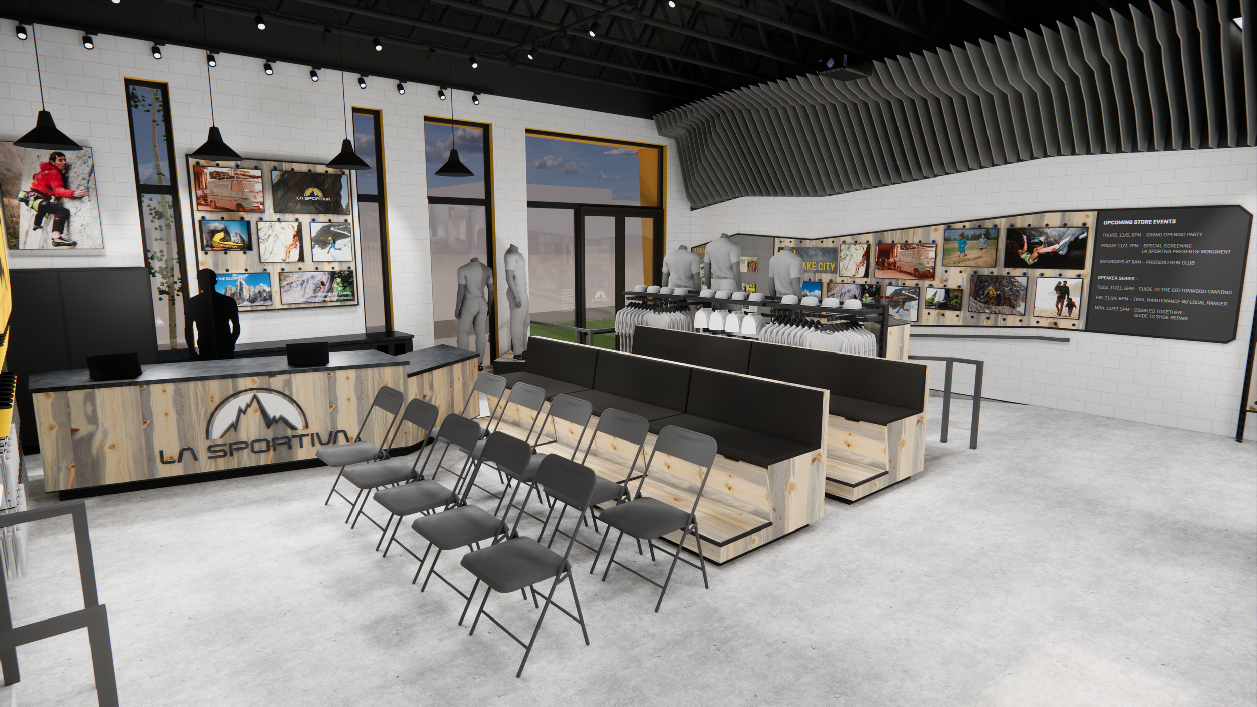 The seating units are also on casters and able to be brought over to create a gathering spot for speakers and screenings.