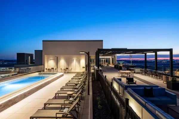 Rooftop pool of the Hilton Hotel at BNA at dusk