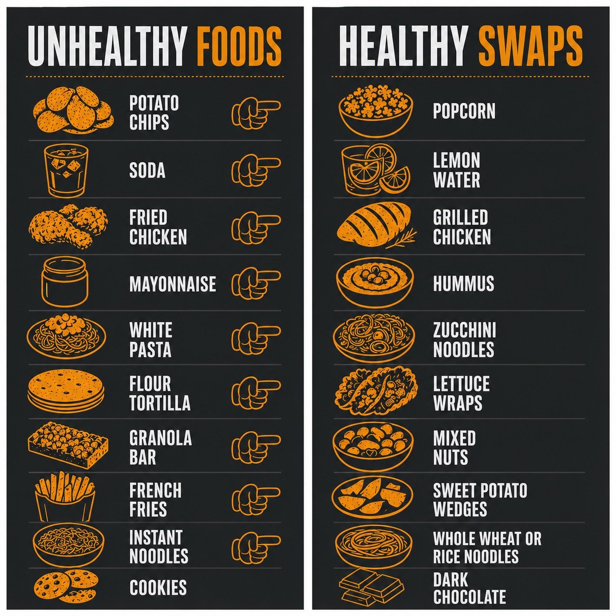 Small swaps. Big results. 🔥

You don&rsquo;t need to overhaul everything overnight&mdash;just start with a few smarter choices and watch the momentum build.

🍟 ➡️ 🍠
🥤 ➡️ 🍋💧
🍝 ➡️ 🥒
🍫 ➡️ 🍫 (yes, still chocolate&hellip; just better 😉)

It&rsq