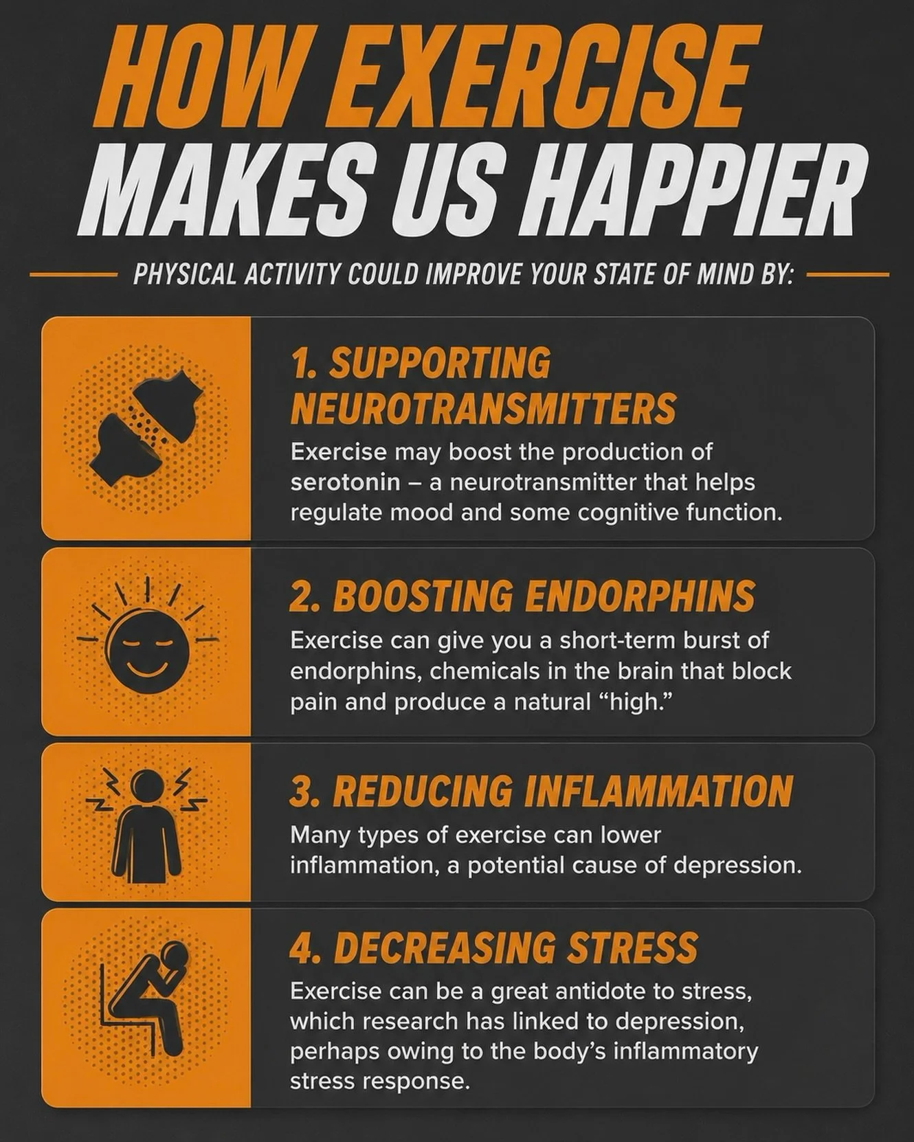 Exercise isn&rsquo;t just about building a stronger body &mdash; it&rsquo;s one of the most powerful tools for improving your mindset too 🧠💪

Movement can help:
⚡ Boost endorphins
🧘 Reduce stress
🔥 Lower inflammation
😊 Support mood &amp; mental 