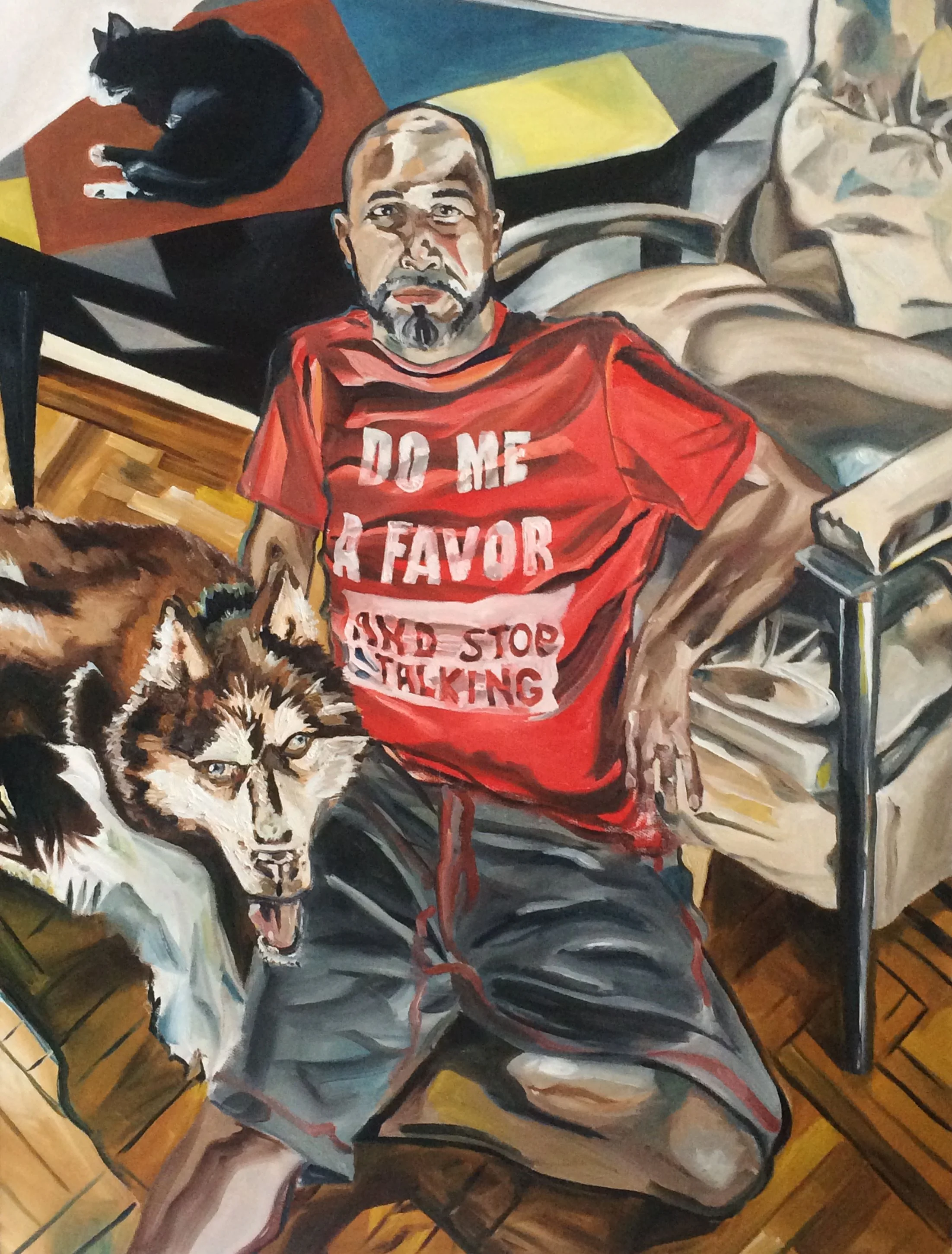 "Ed with Kanela and Tux" 2018 30X40 oil on canvas