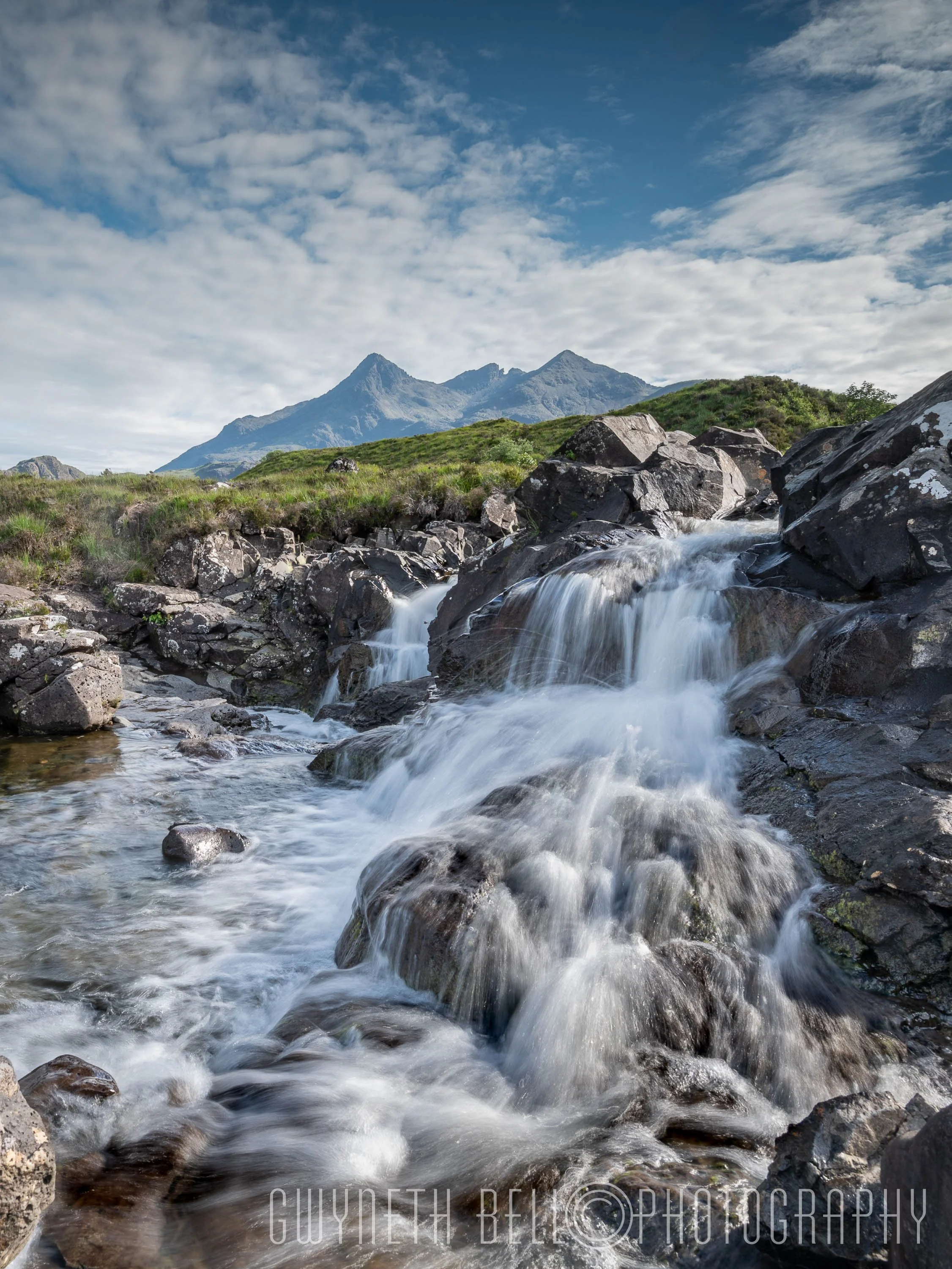 Sligachan Waterfalls, with the Black Cuillin Mountains in the background, Isle of Skye