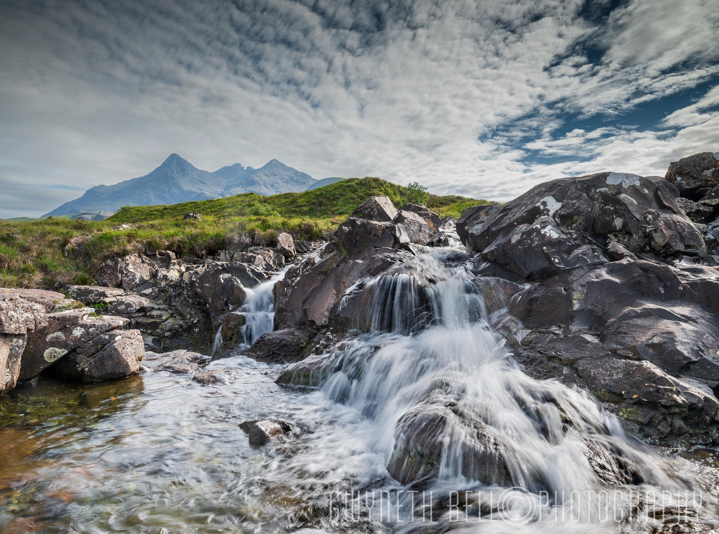 Sligachan Waterfalls, with the Black Cuillin Mountains in the background, Isle of Skye