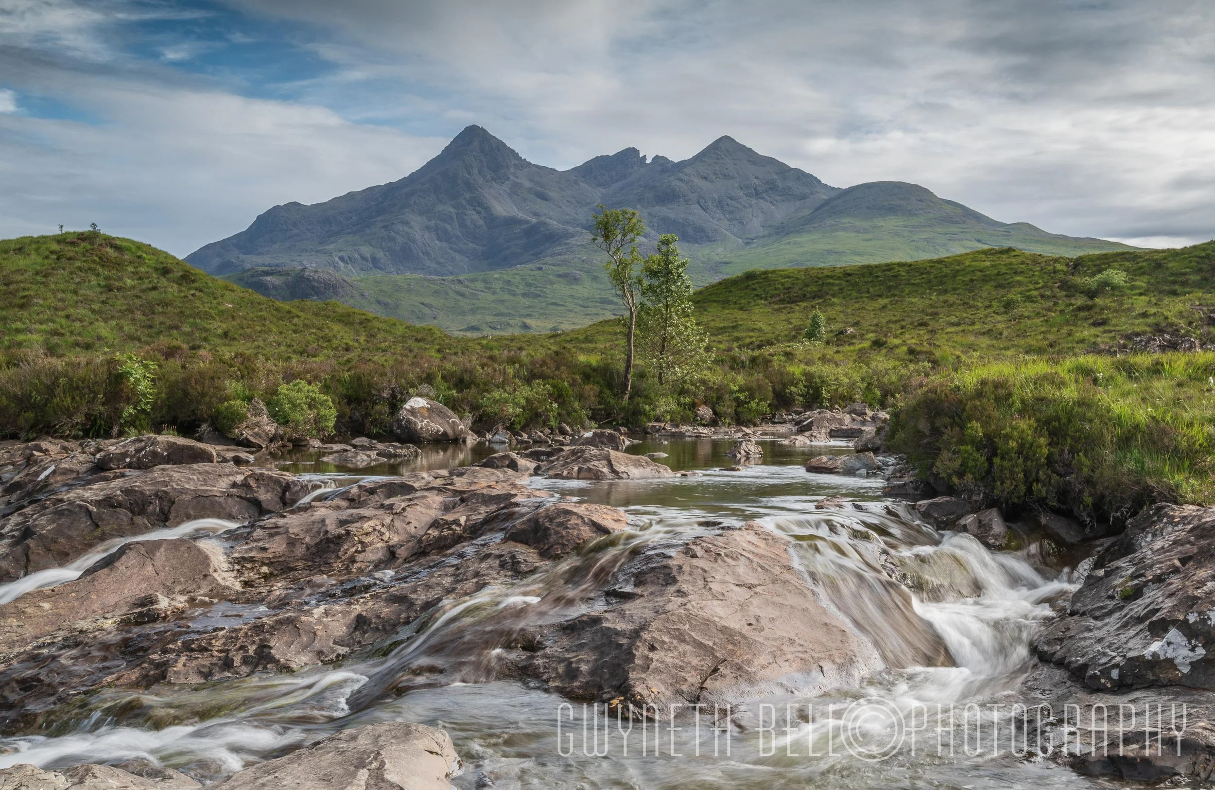 Sligachan Waterfalls, with the Black Cuillin Mountains in the background, Isle of Skye