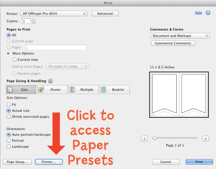 Use the built-in paper presets or create custom sizes and paper types such as glossy photo paper, cardstock, and so on.