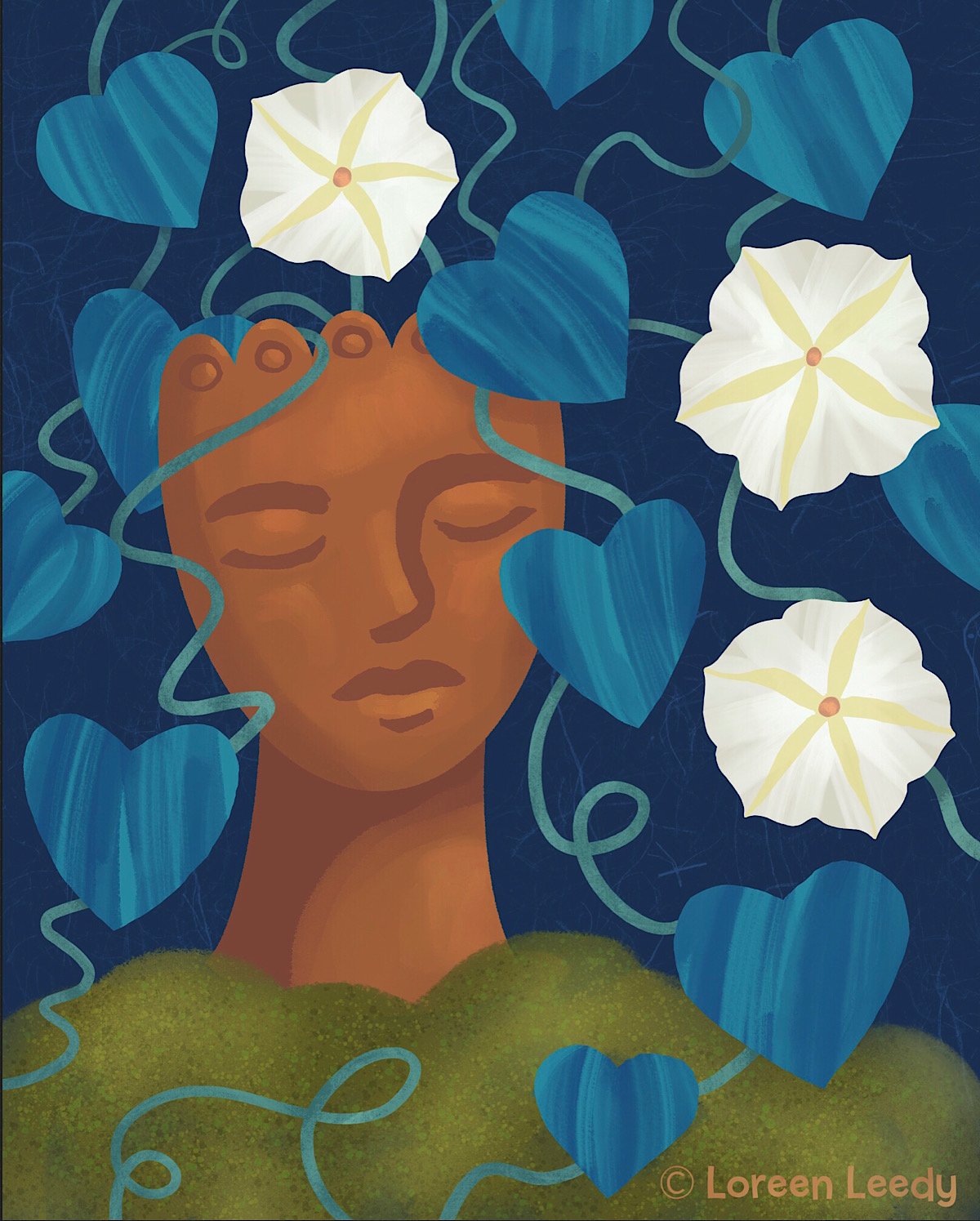 Blooming moonflower vines with heart-shaped leaves grow out of a terracotta head planter.