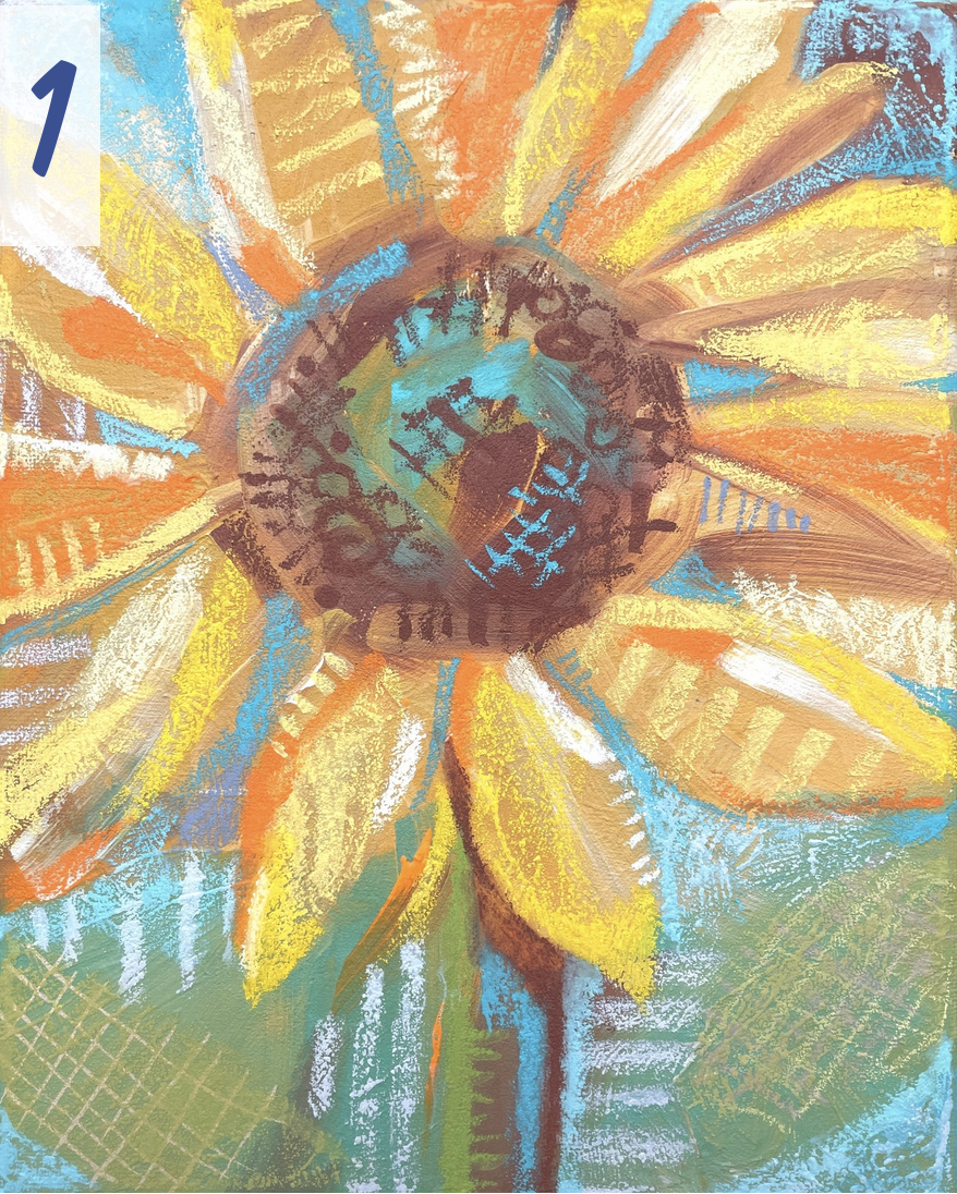 Artwork of a sunflower in vivid colors with a number 1 in the upper left.