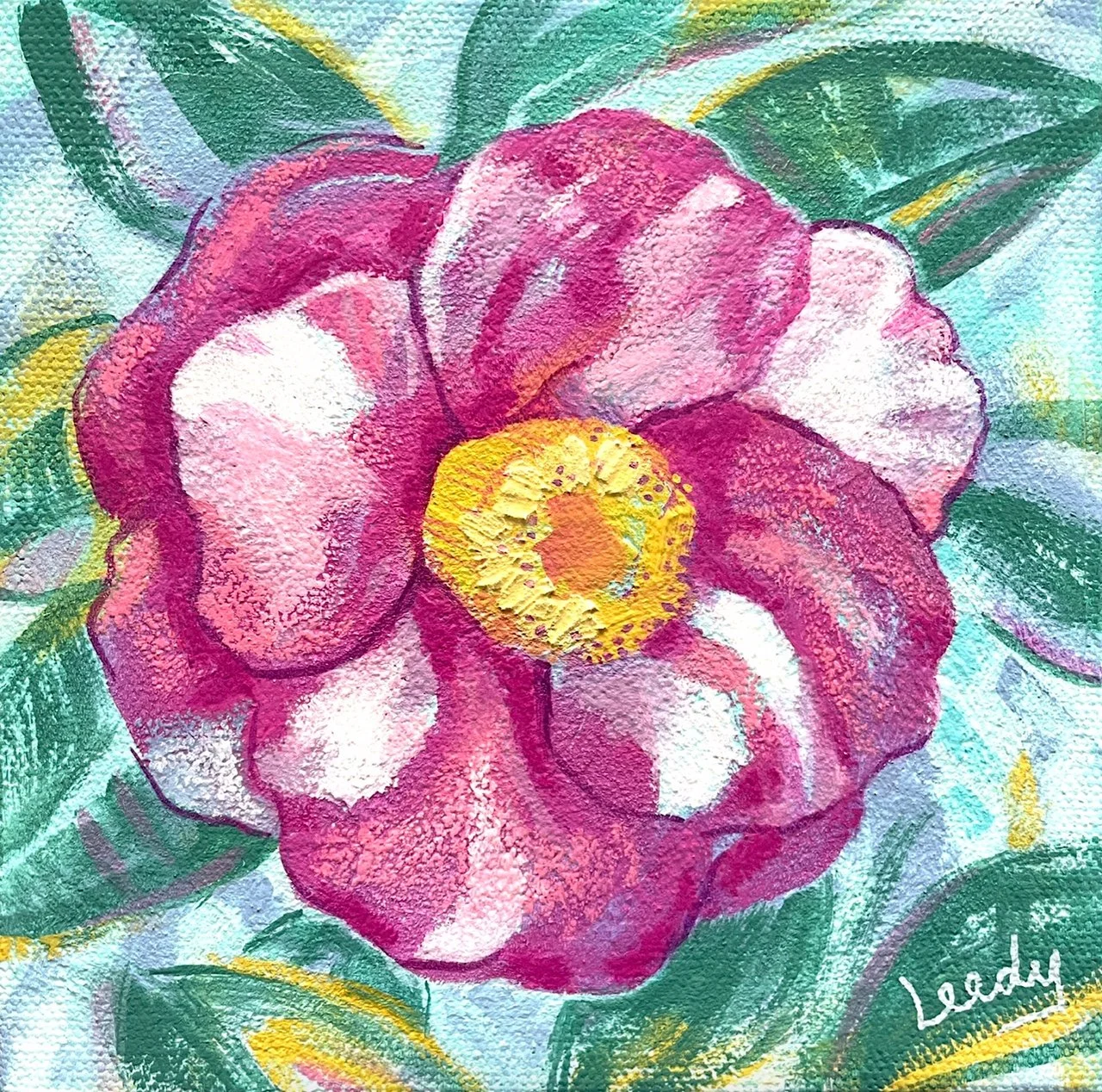Candy Cane Camellia - 6 x 6 inch mixed media n on gallery-wrapped canvas