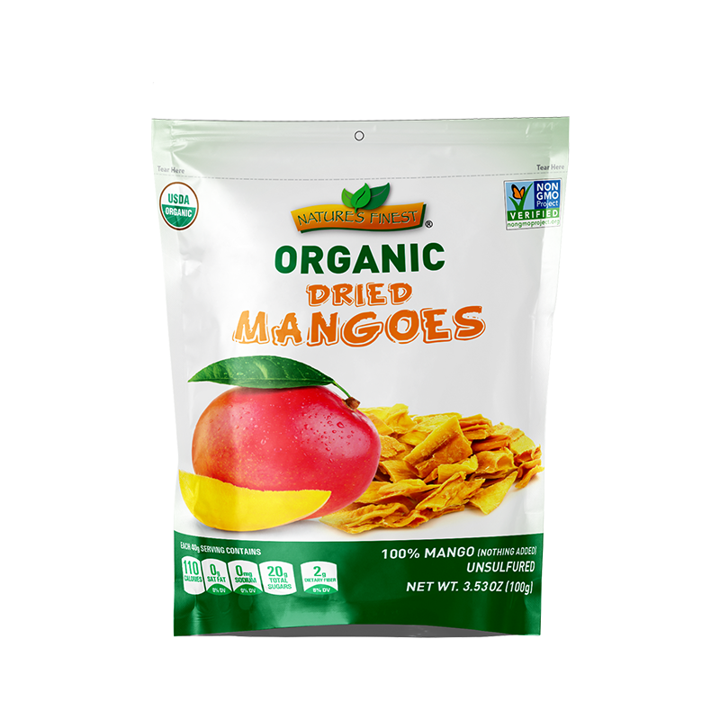 Organic Dried Mango Bites Nature’s Finest Organic Dried Mangoes are a perfect balanced of taste and moisture, with just one ingredient—Organic Mangoes.