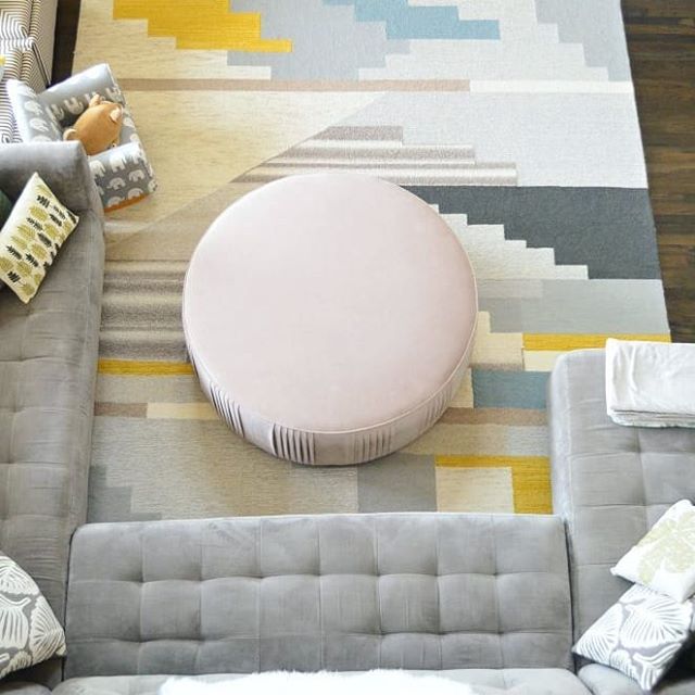 You guys... I am so in love with my new ottoman.  Here's an aerial view of my living room.&nbsp; The color of the ottoman is so subtle that it should be called barely pink.&nbsp; I mentioned in an earlier post that this ottoman is on sale @westelm !&