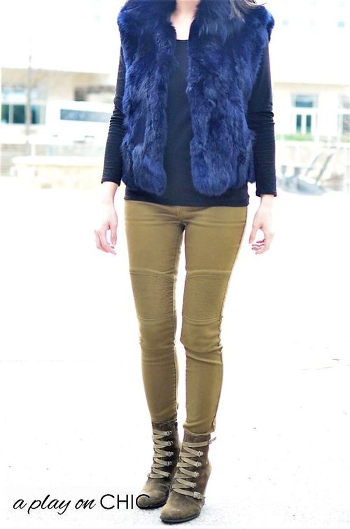 Blue Vest + Green Military Boots = Casual CHIC — a play on CHIC
