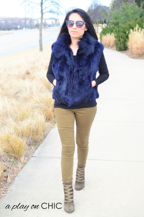 Blue Vest + Green Military Boots = Casual CHIC — a play on CHIC