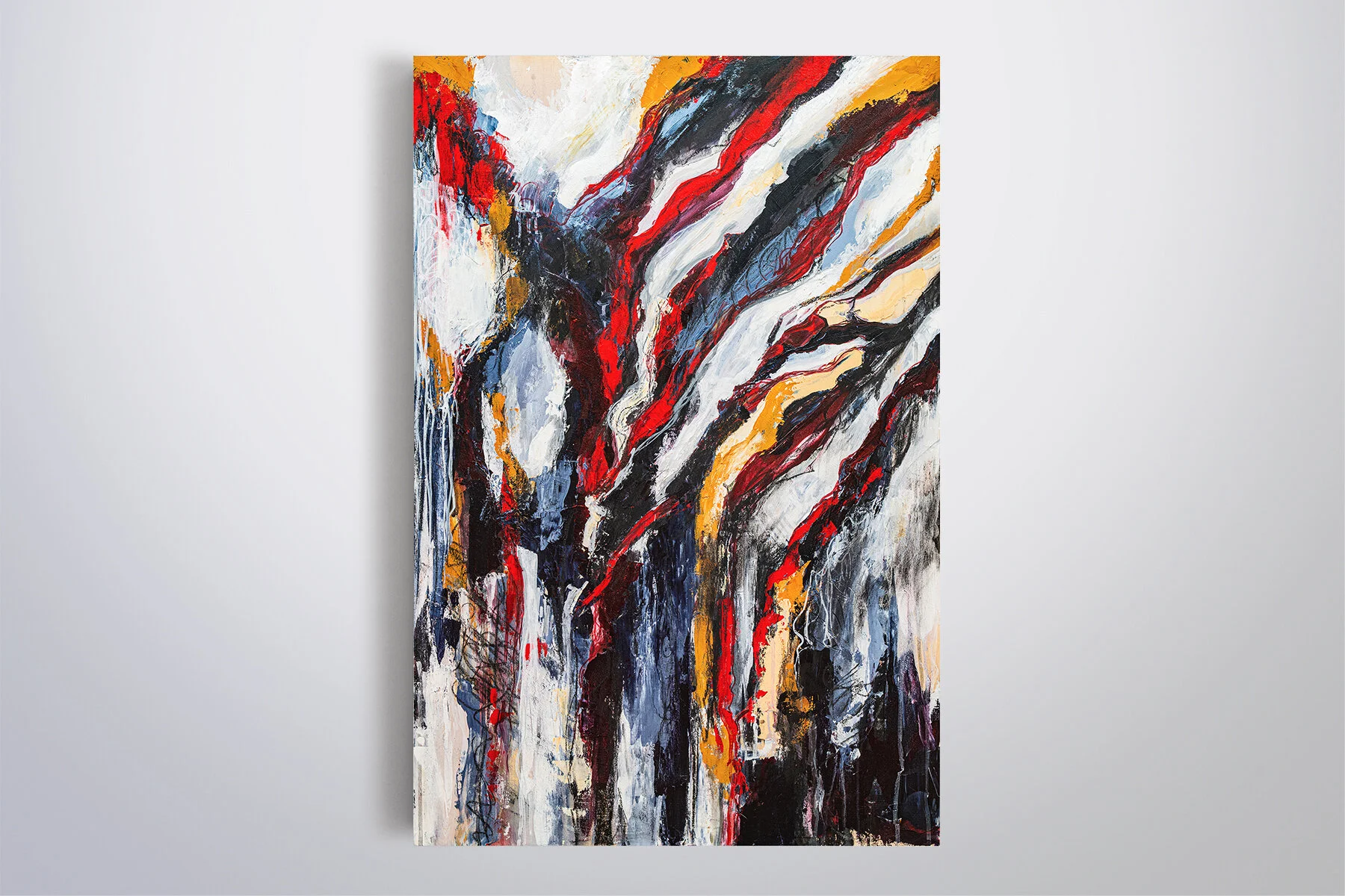   Filtering  Acrylic, paint markers &amp; charcoal on wood panel, 24" x 36", 2018 